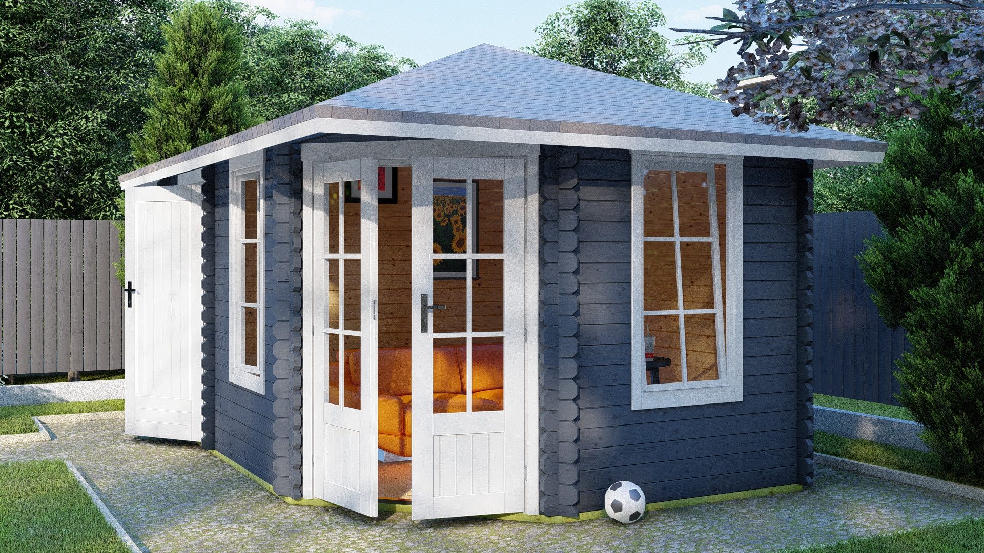 Finn Art Blockhaus Gartenhaus 5x3m Holz 5-Eck Schweden 38 in 28mm Wandstärke, BxT: 450x298 cm, ohne Fußboden, ohne Dacheindeckung