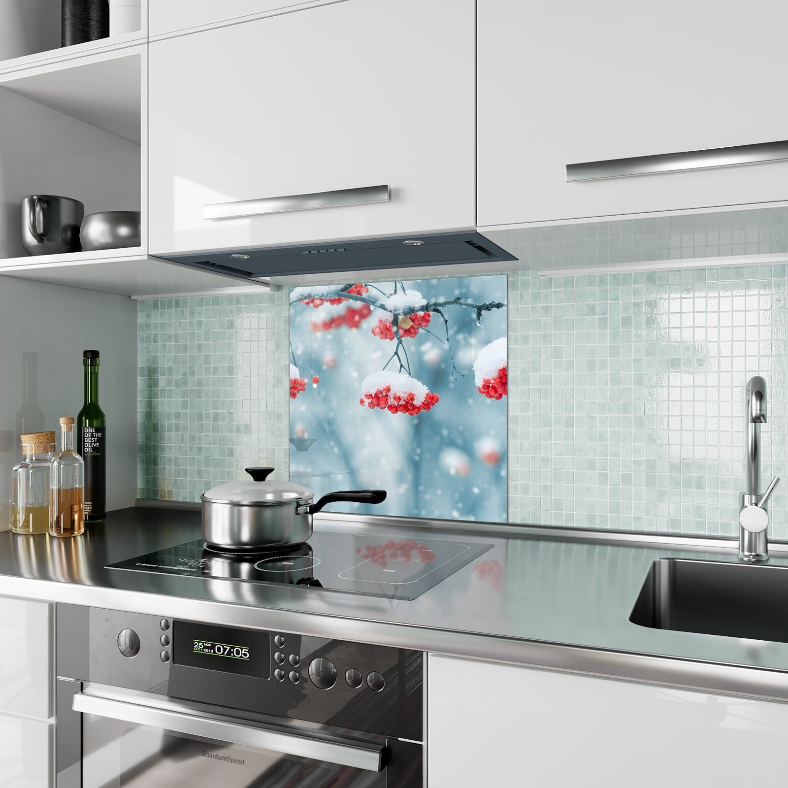 Primedeco Küchenrückwand Küchenrückwand mit Zweige Spritzschutz Glas mit Motiv Schnee