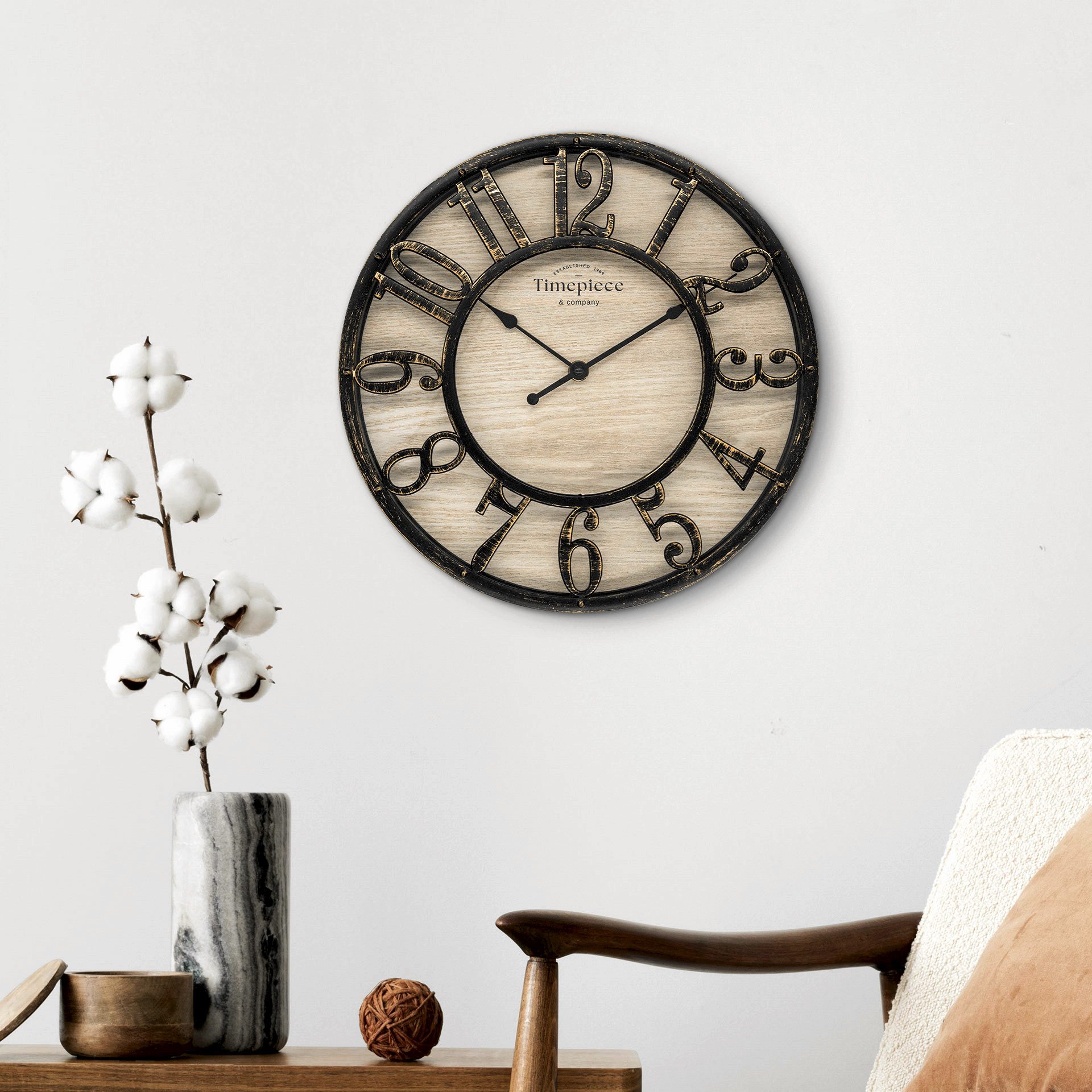 K&L Wall Art Wanduhr große Industrielle Wanduhren Vintage Holzuhr Metall Optik (Steampunk Uhr ohne Tickgeräusche)