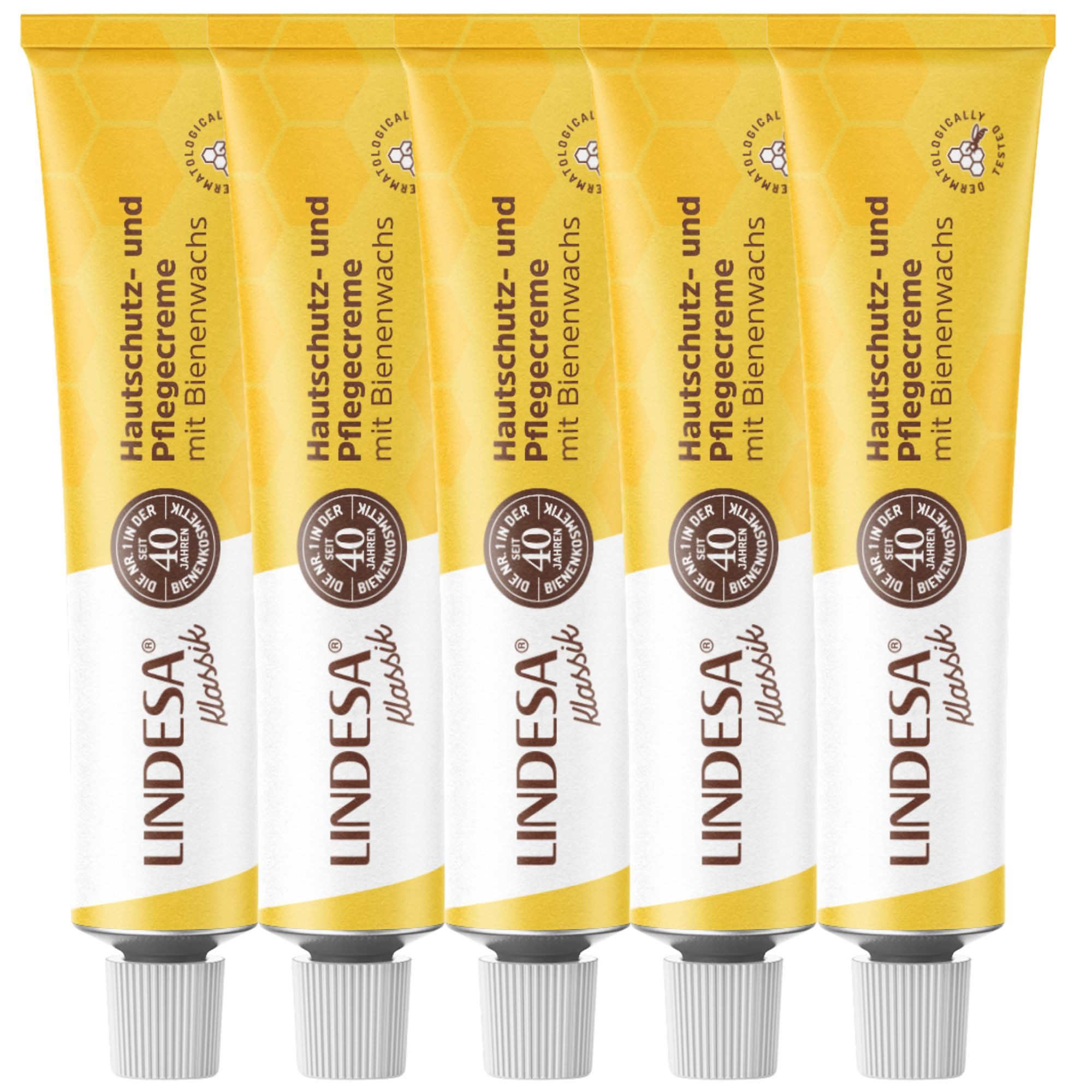 Lindesa Handcreme K Klassik Hautschutzpflegecreme mit Bienenwachs Handcreme 50 ml, 5-tlg., gelbe Alu-Tube