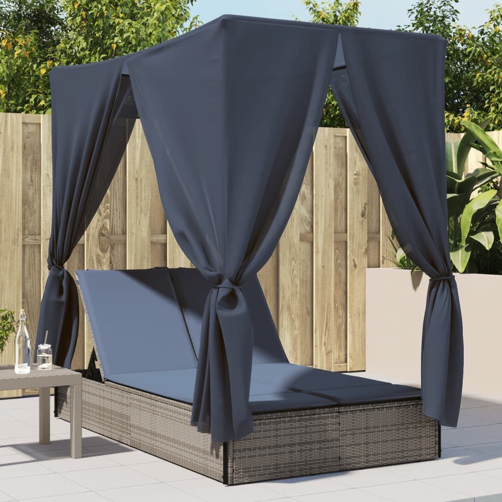 vidaXL Gartenliege Doppel-Sonnenliege mit Dach und Vorhängen Grau Poly Rattan, 1 St.