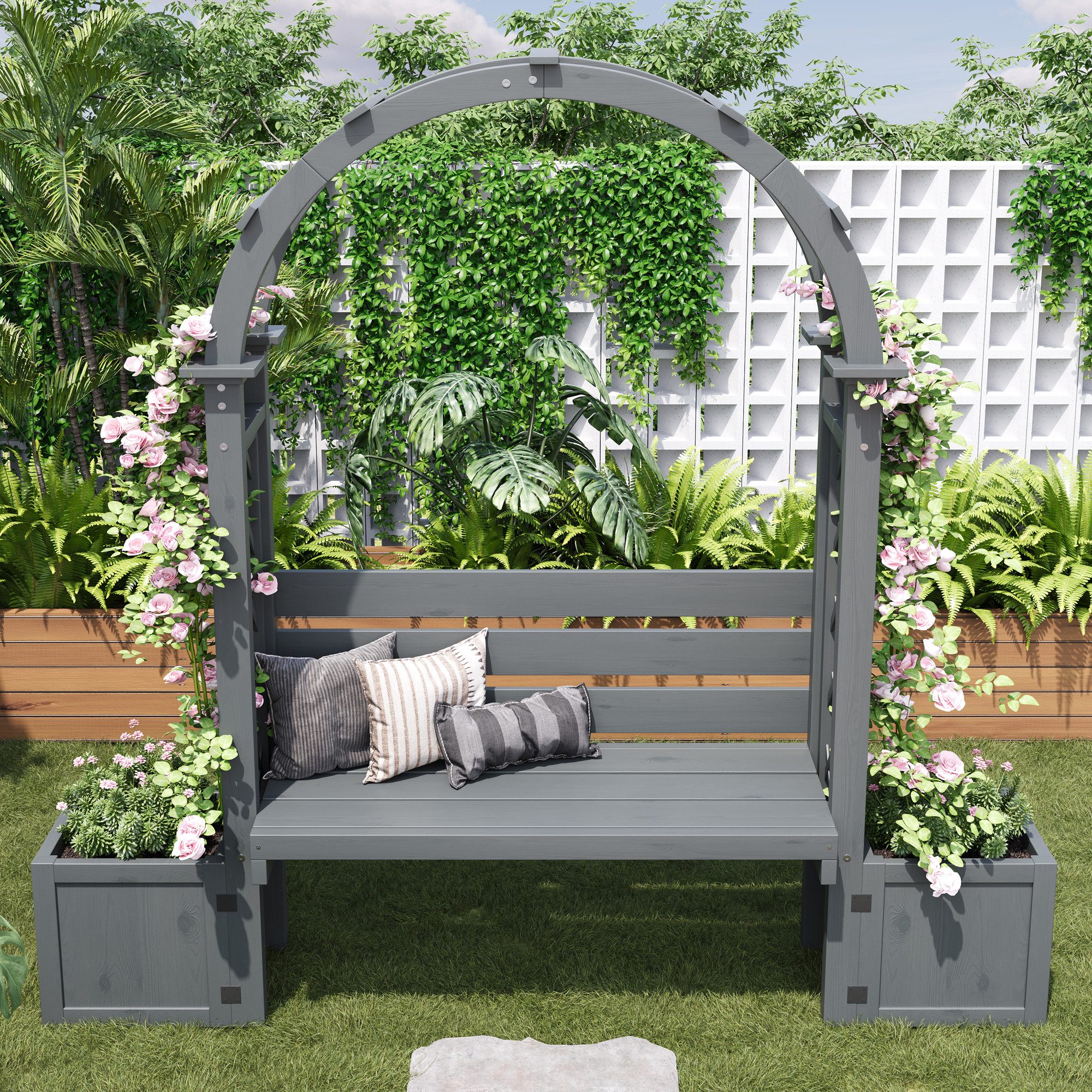 STILVORA Pflanzkübel Pflanzgefäß mit Spalier als Rankhilfe Blumenkübel mit viel Platz Grau (bogenförmige Pergola-Bank aus sorgfältig ausgewähltem, Flexible Pflanz- und Aufbewahrungsmöglichkeiten), für Garten Hof Terrasse
