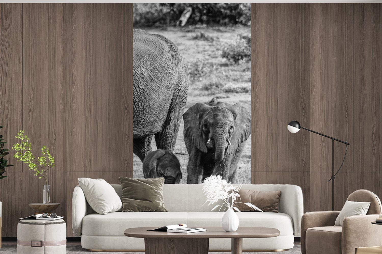 St), - Wohnzimmer Vliestapete (2 Küche, für MuchoWow Schlafzimmer Wasser Weiß, - - Schwarz Fototapete - Elefant Matt, bedruckt, Tiere Fototapete