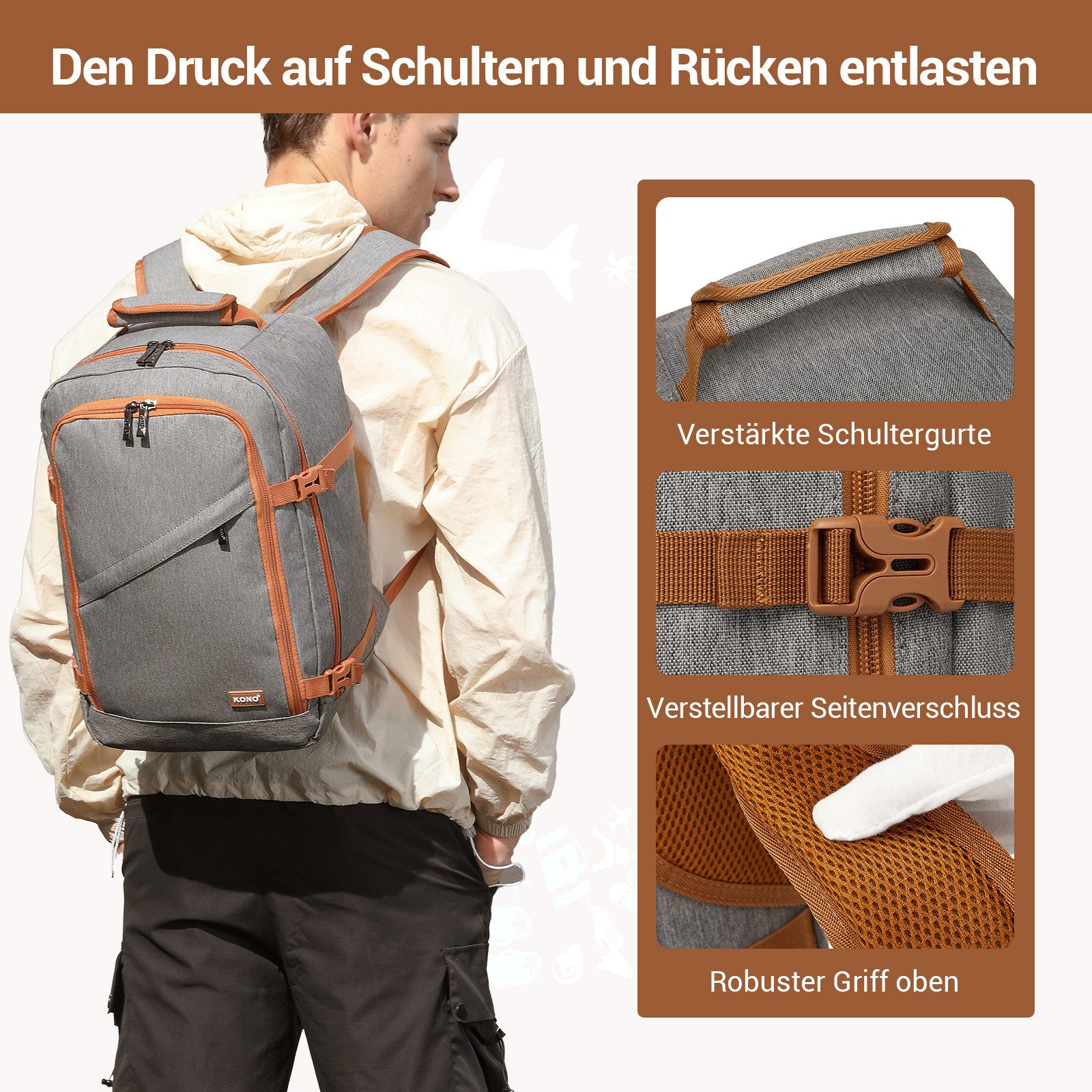 KONO Rucksack Ryanair-Kabinentasche – Handgepäckrucksack, Maße 40 x 30 x 20 cm – Bild 3 von 5