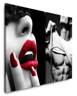 Sinus Art Leinwandbild 2 Bilder je 60x90cm Rote Lippen Sinnlich Sixpack Mann Erotik Schlafzimmer Muskulös