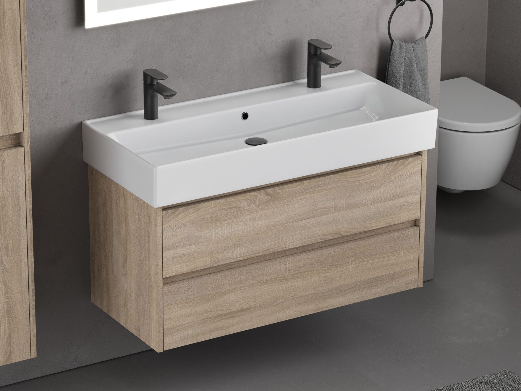 Aqua Bagno Badmöbel-Set Badmöbel Waschtisch-Set 100 cm Eiche Gold Doppelwaschtisch, (vormontiert, 2-St., Badmöbelschrank melaminbeschichtet, Keramikwaschbecken), einfache Montage, Badschrank