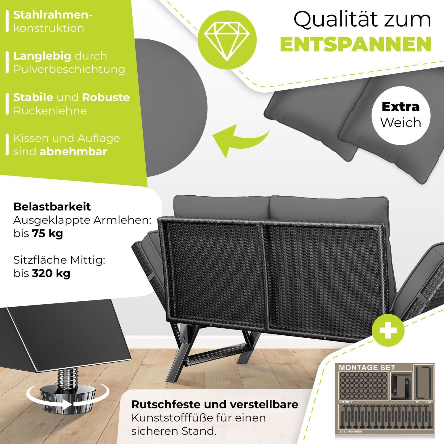 KESSER Gartenbank Polyrattan Gartensofa 4-in-1 mit Liegefunktion & Verstell-Funktion (Gartencouch mit Sitzkissen & Rückenkissen Extra Dicke & Weiche Polster), Balkon-Sofa Wetterfest für Garten, Balkon & Terrasse