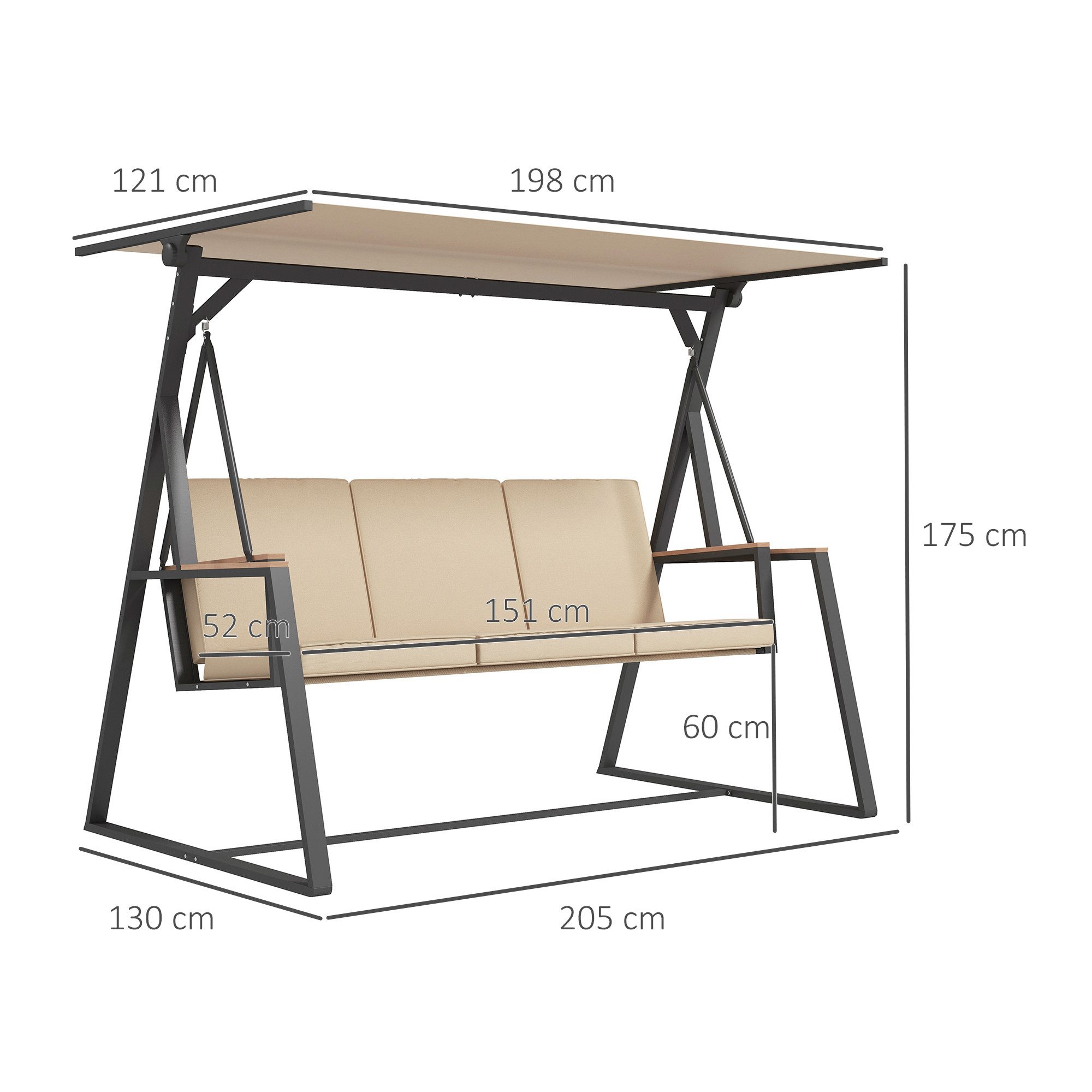 Outsunny Hollywoodschaukel Schaukelbank mit Kissen, Verstellbarem Dach, 3-Sitzer, Verstellbares Dach, Schaukel, 1 tlg., Gartenschaukel, für Garten, Balkon, Khaki