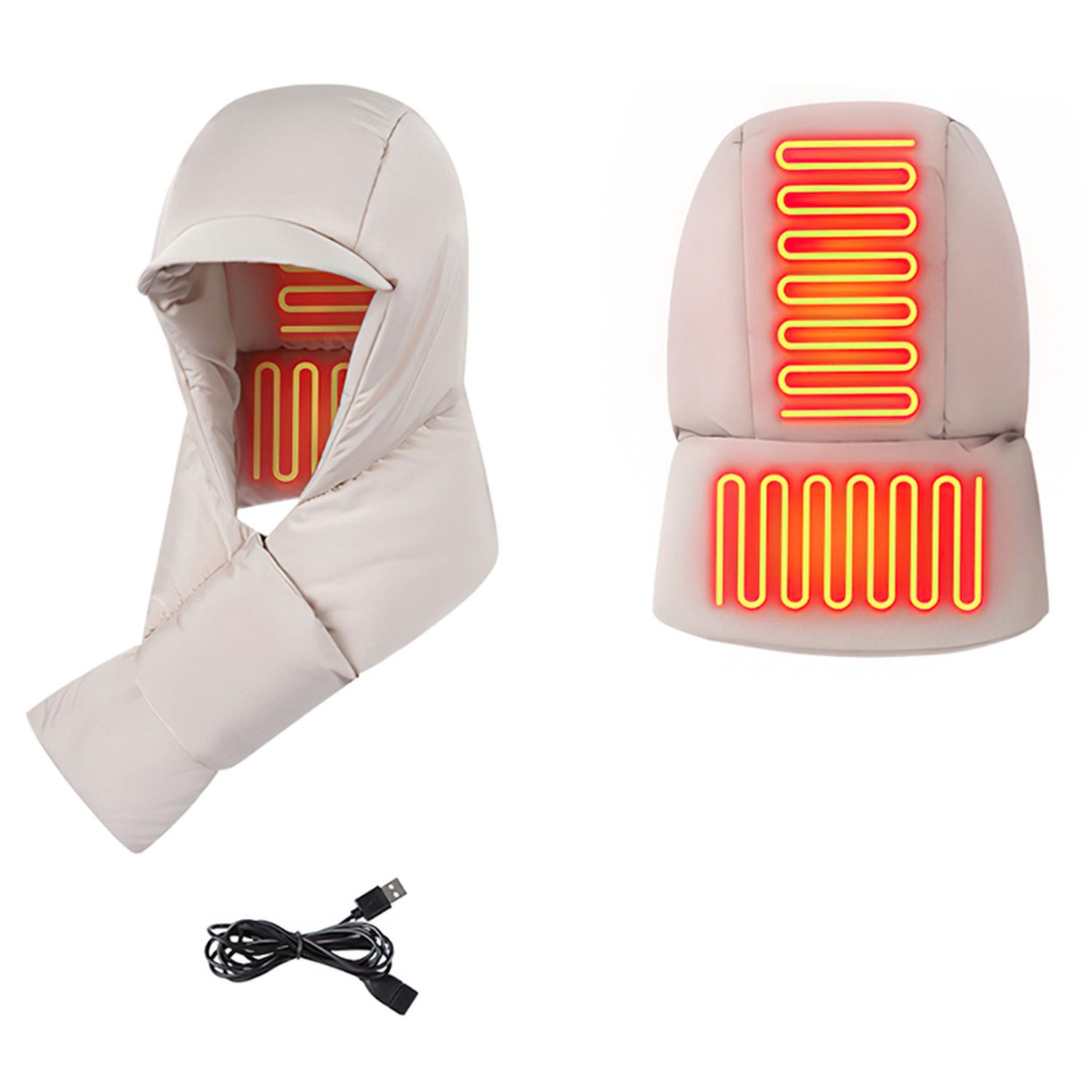 Refttenw Schlupfmütze 2 in 1 Wintermütze Schal Beheizbarer USB Sturmhaube Warme Daunenmütze