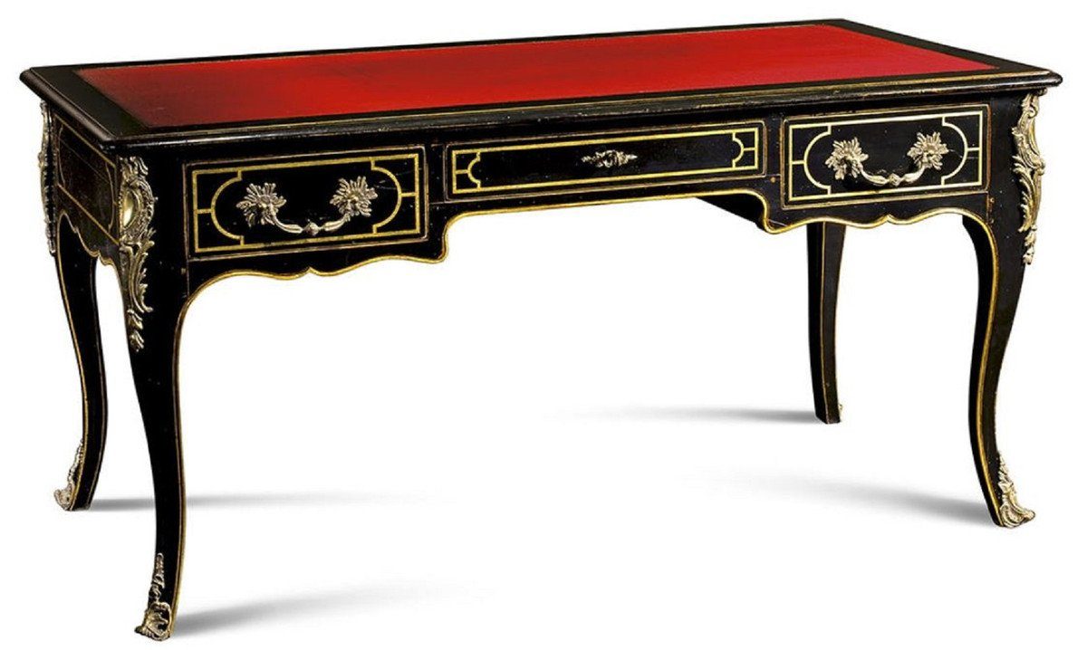 mit - Schreibtisch Padrino Barock / Italy Bürotisch Massivholz Made Schreibtisch 3 handgefertigter Gold Schubladen - - Luxus Luxus Prunkvoller Barock in Casa / Qualität Schwarz Rot - Büromöbel
