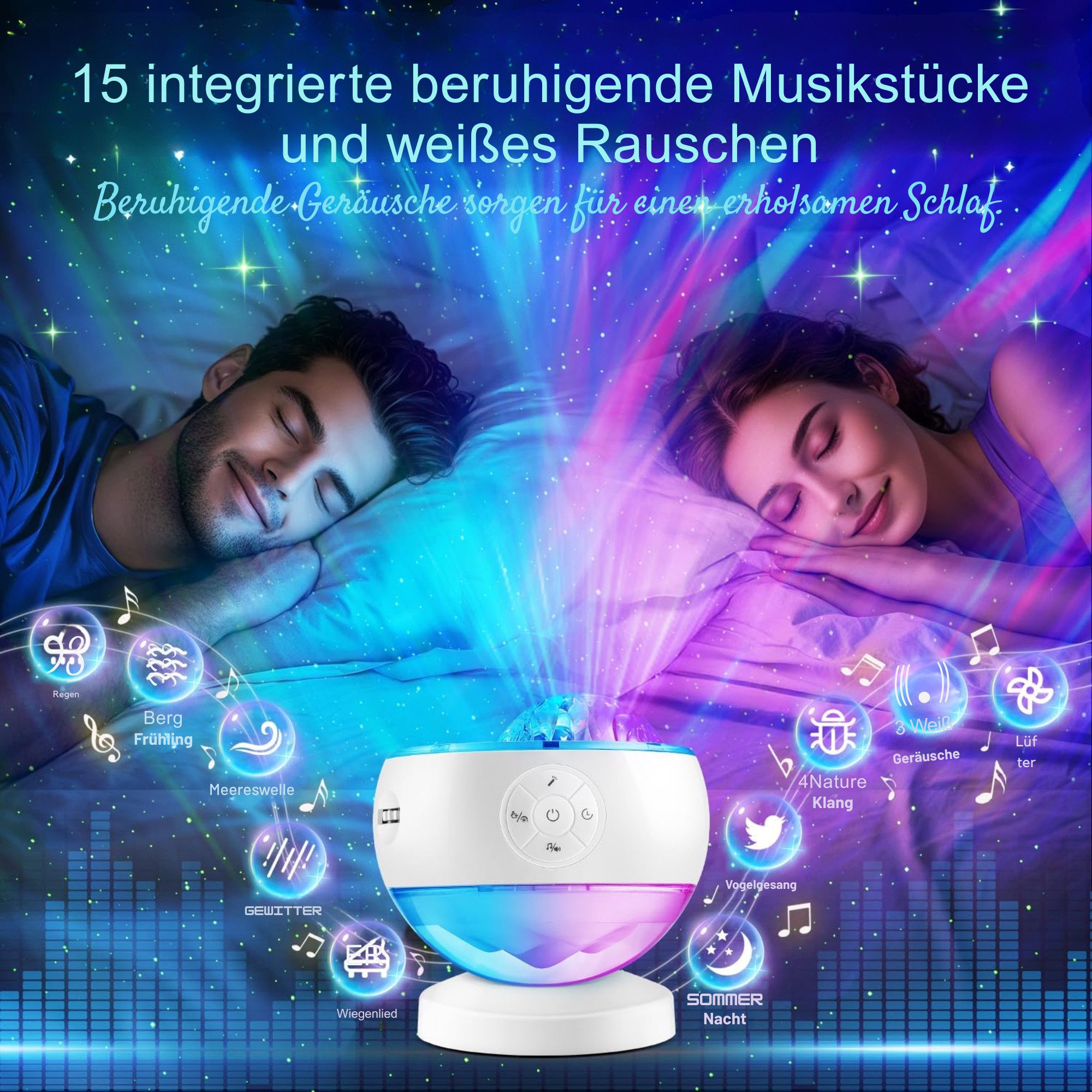 Vivitar LED Nachtlicht Sternenhimmel Projektor mit Fernbedienung, 3D Galaxy Lampe 16 Farben, 16 Farben Nordlichter & 300 Lichtmodi, LED fest integriert, RGB, 30 Modi und Meereswellen Nachtlicht und Projektor in einem dimmbar