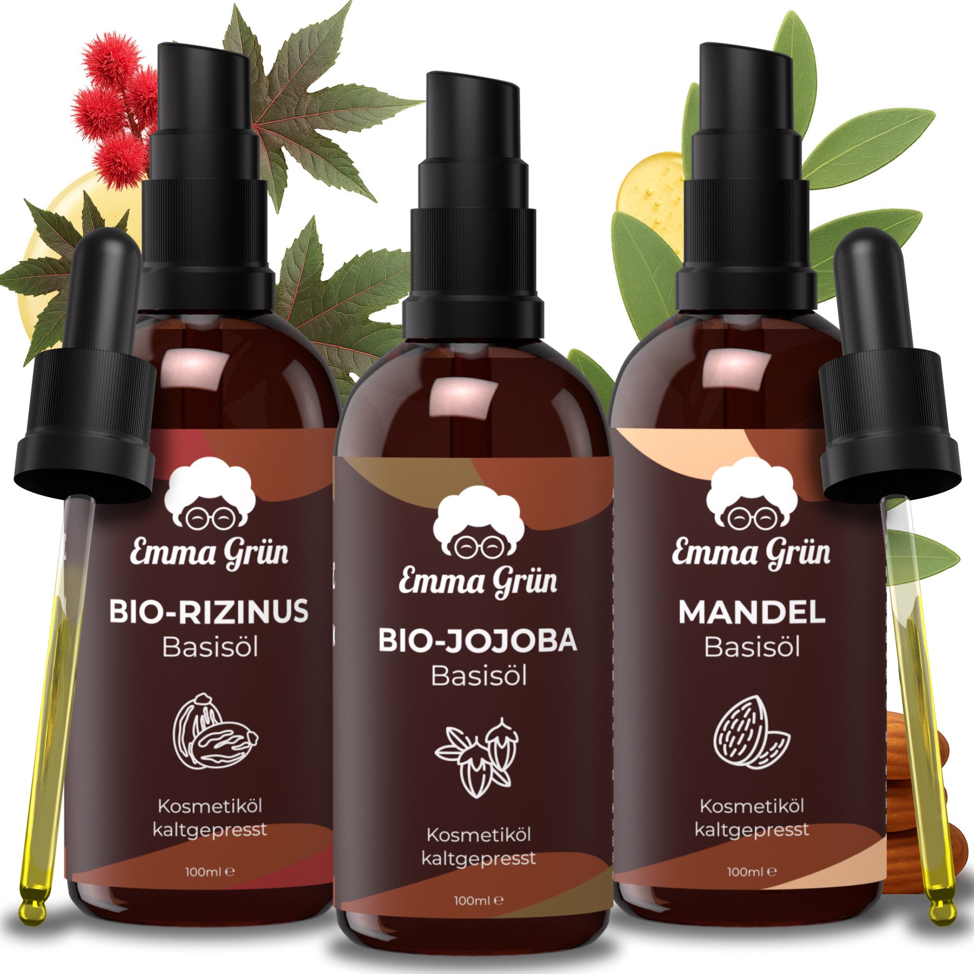 Emma Grün Körperöl Set mit Jojobaöl bio, Rizinusöl bio & Mandelöl kaltgepresst