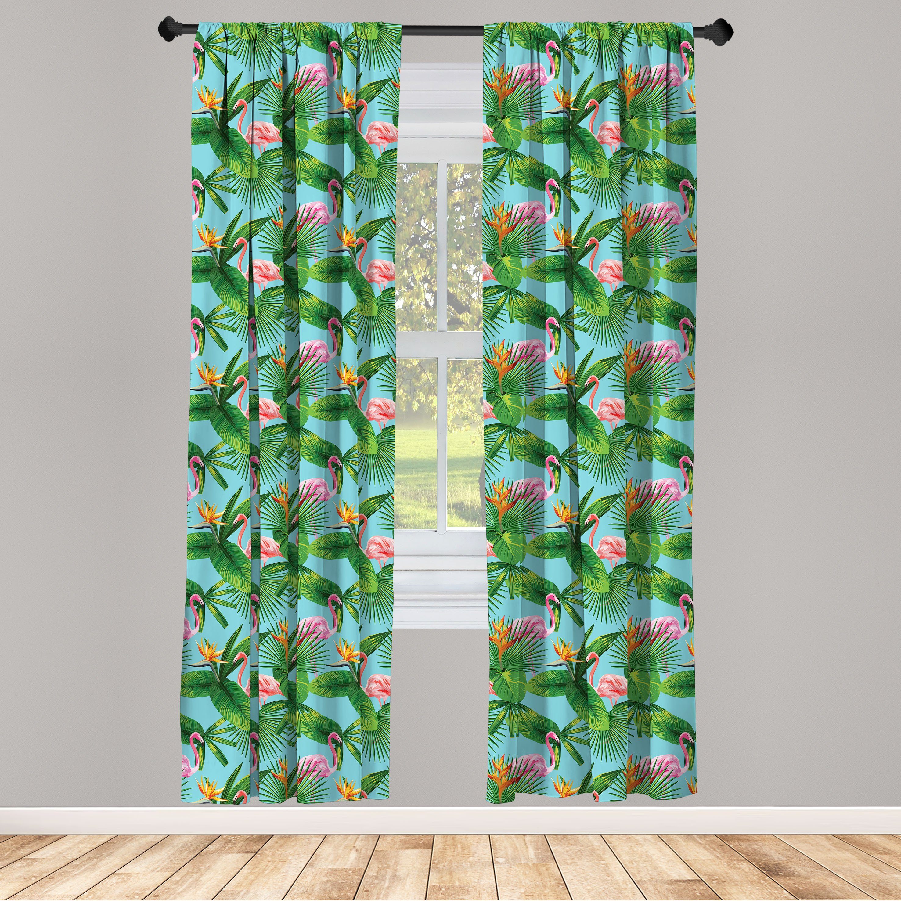 Gardine Vorhang für Wohnzimmer Schlafzimmer Dekor, Abakuhaus, Microfaser, Tropisch Flamingos Blätter-Muster