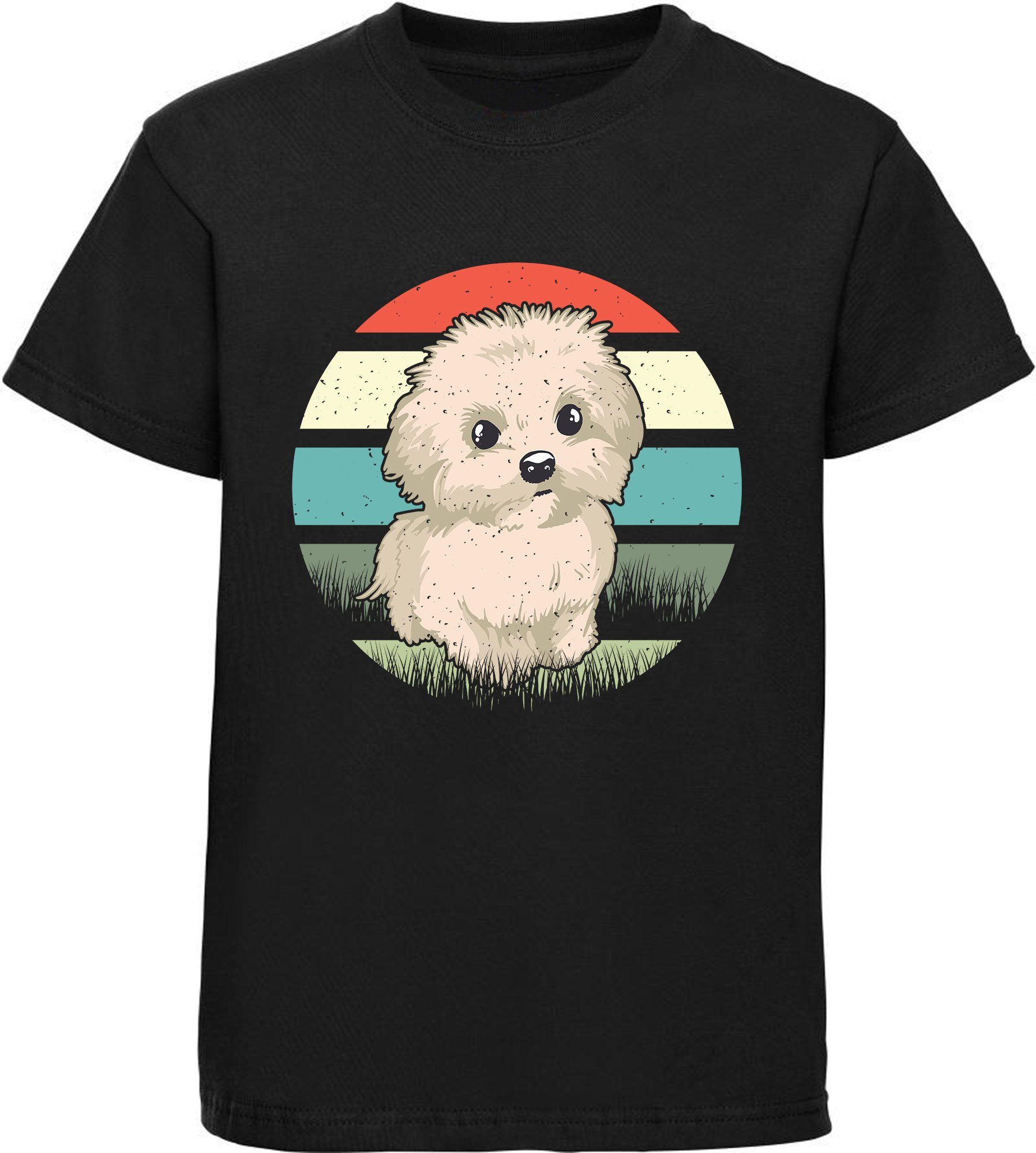 MyDesign24 Print-Shirt Kinder Hunde T-Shirt bedruckt - Retro Malteser Welpen Baumwollshirt mit Aufdruck, i242 schwarz | T-Shirts