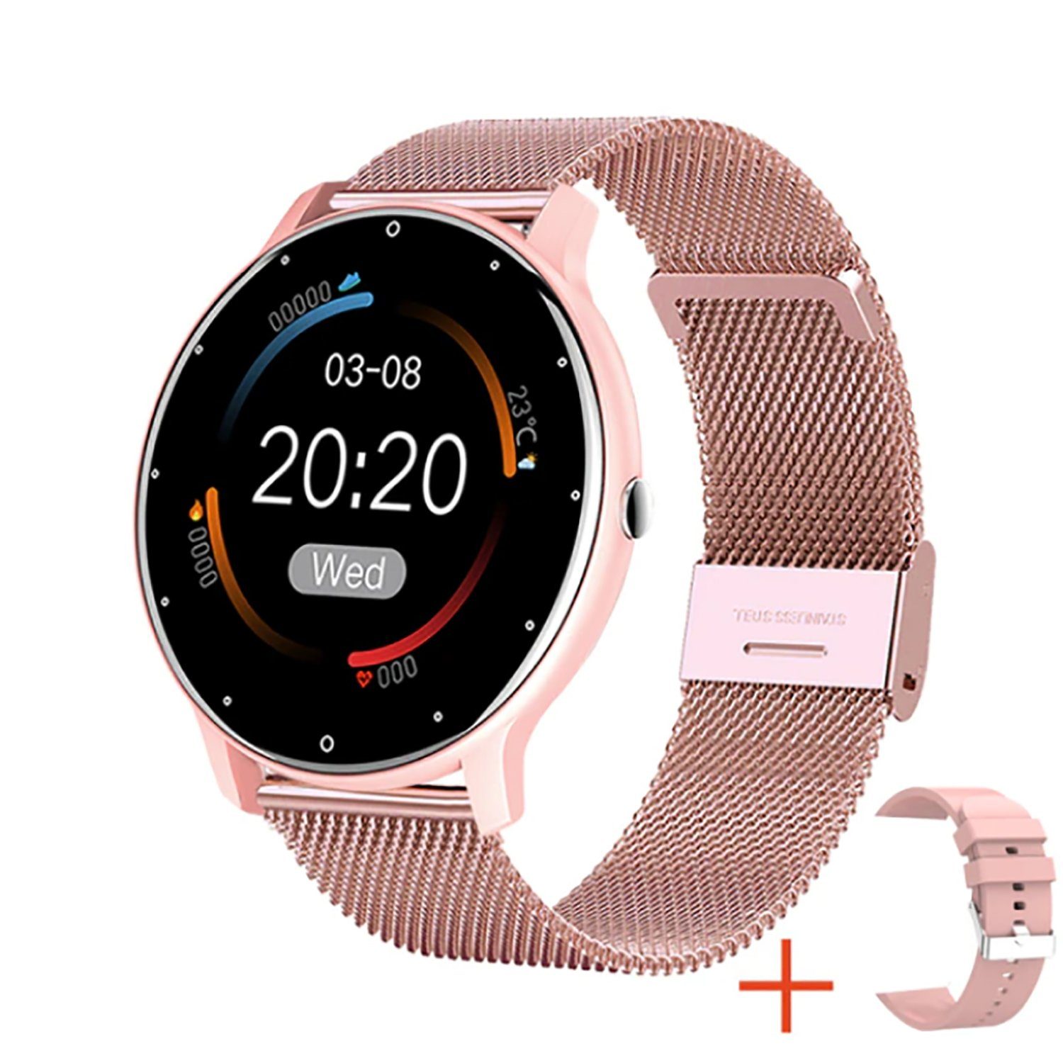 TPFNet SW06 mit Milanaise Armband + Silikon Armband Smartwatch (Android), individuelles Display - Armbanduhr mit Musiksteuerung, Herzfrequenz, Schrittzähler, Kalorien, Social Media etc., Rosa