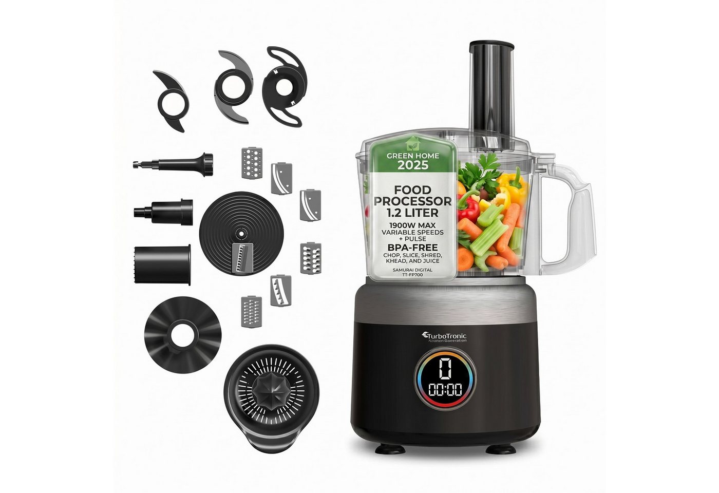TurboTronic by Z-Line Küchenmaschine Food Processor mit Standmixer 1,2L Behälter Multizerkleinerer Mixer, 1900 W, 1.2 l Schüssel, Raspelscheiben Zitruspresse Zerkleinerer Eiscrusher Power