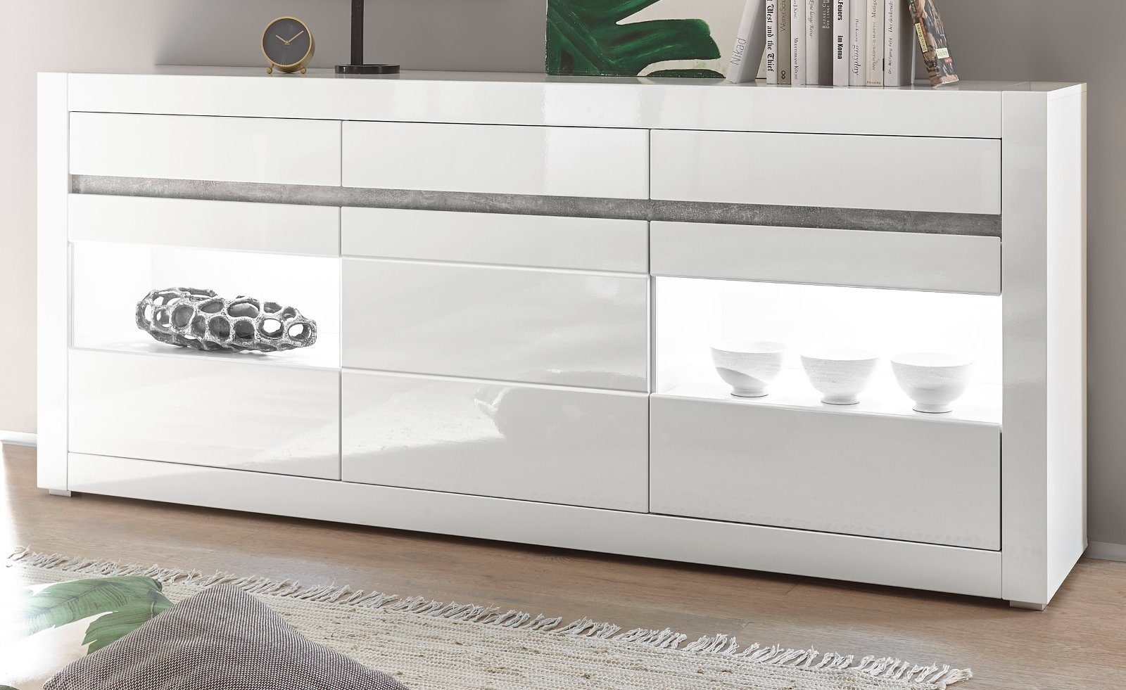 Furn.Design Sideboard Nobile (Anrichte in weiß, 3 Schubladen, 3 Türen, Breite 217 cm), Hochglanz mit Soft-Close