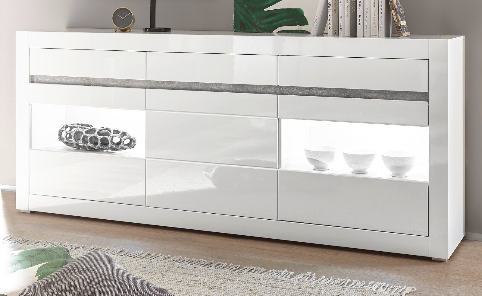 GuenstigEinrichten Sideboard Nobile (Anrichte in weiß, 3 Schubladen, 3  Türen, Breite 217 cm), Hochglanz, mit Soft-Close
