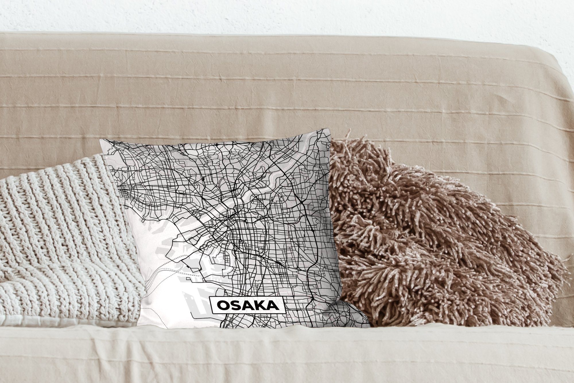Dekokissen Sofakissen weiß - mit - Deko, und Füllung Karte, für - Stadtplan Zierkissen Wohzimmer, Schlafzimmer, Schwarz MuchoWow Osaka