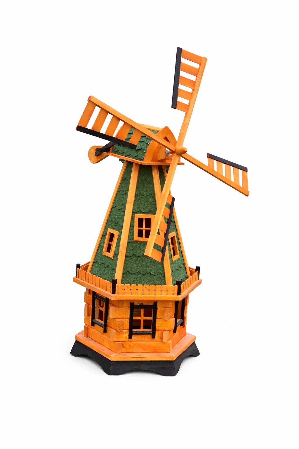Holzdekoladen Deko-Windrad Gartenwindmühle Holz 145 cm–6-eckig mit Solar Licht Weiß–Gartendeko