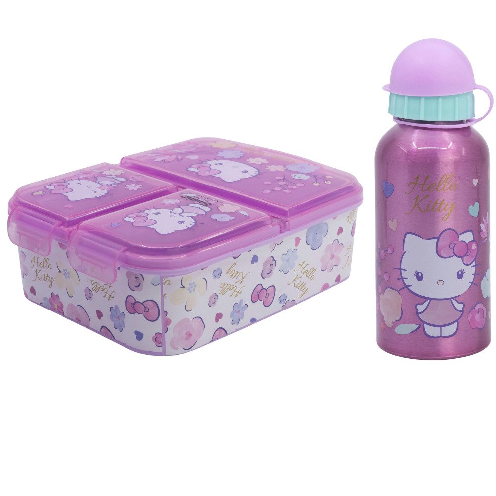 Hello Kitty Lunchbox Hello Kitty 2 tlg. Lunch Set 3 Kammer Brotdose Alu Trinkflasche 400 ml, Kunststoff Aluminium, (3-tlg)