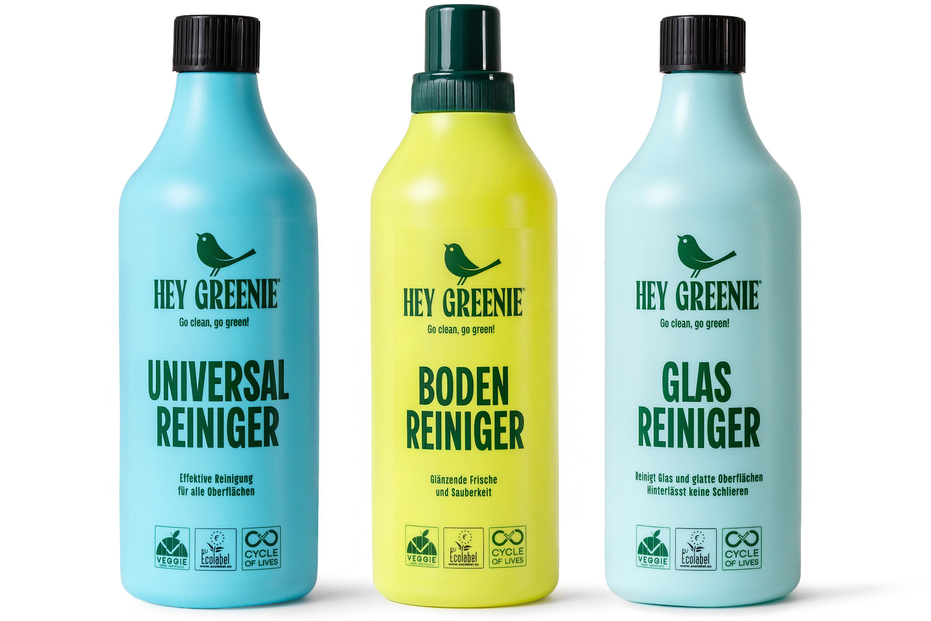 KONSIMO® Reinigungs-Set HEY GREENIE Bio-Reinigungsmittel-Set, vegane Formel, Made in Germany, (3-St., Bodenreiniger/Glasreiniger/Universalreiniger), ökologische, vegane Formel, inspiriert vom Duft luxuriöser Parfums