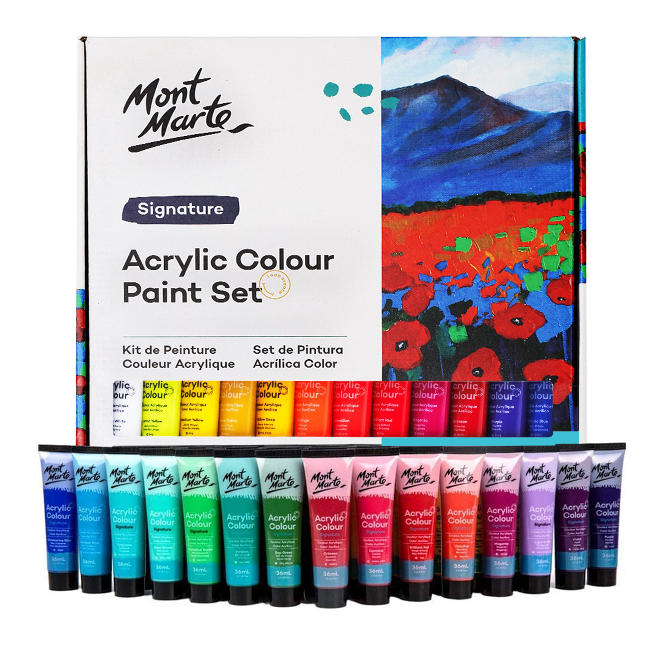 Mont Marte Acrylfarbe Künstler-Set, wählbar aus 18 x, 24 x, 36 x oder 48 x in je 36 ml Tuben, wasserbasiert, ideal für Leinwand, Holz, Stein & kreative Projekte