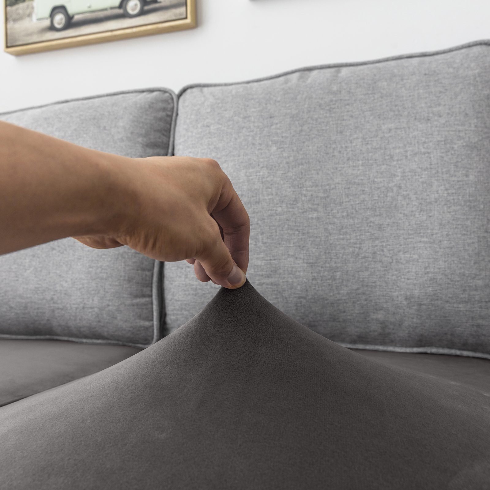 Sofahusse Samt, Stretch, mit elastischer Sofa, für Grau Unterseite, Rosnek