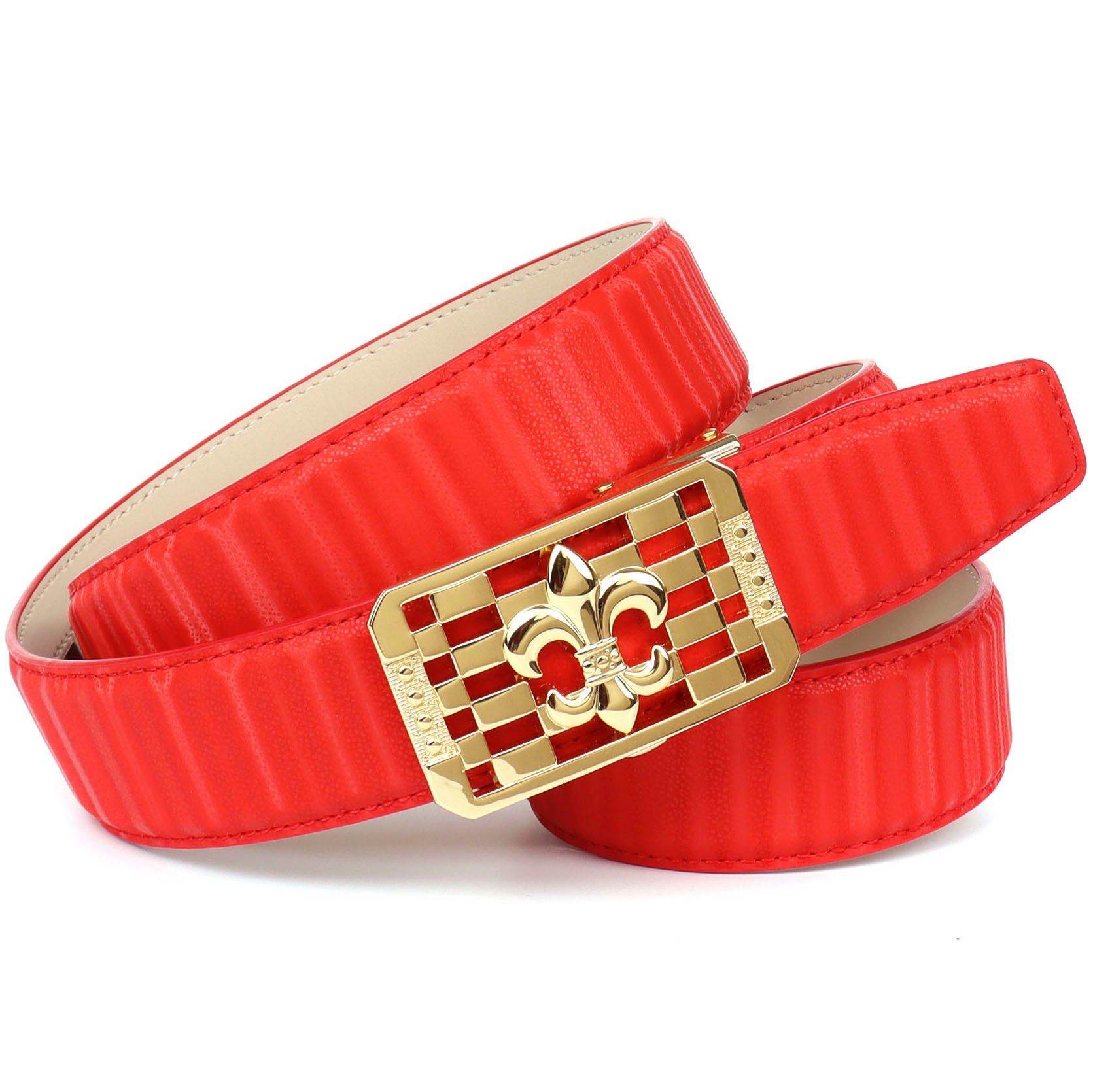 Anthoni Crown Ledergürtel mit goldfarbener stilisierter Lilien-Schnalle rot