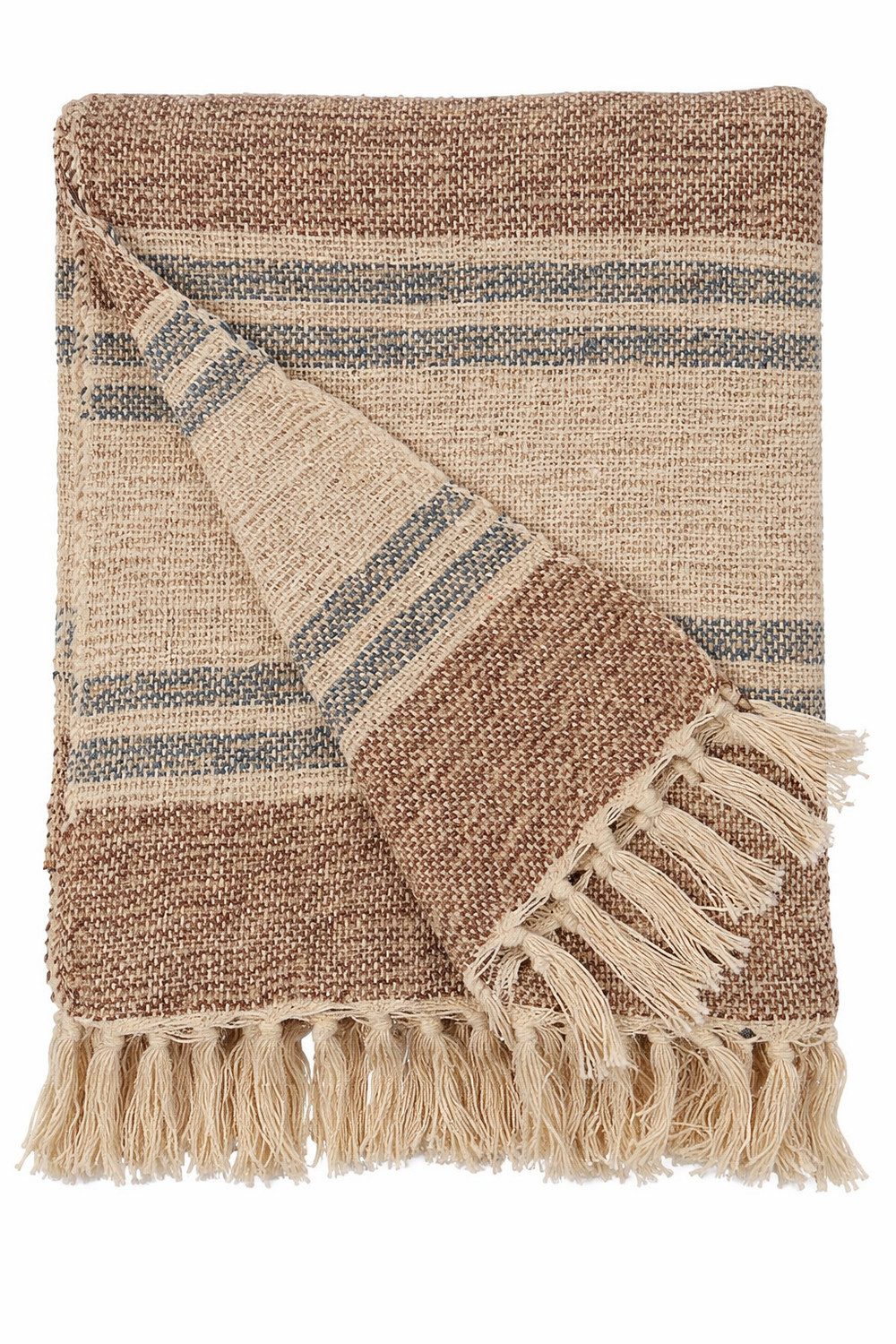 Wohndecke Braun/Türkis, AU Maison, Stilvolle Baumwolldecke mit Fransen 130x170 cm