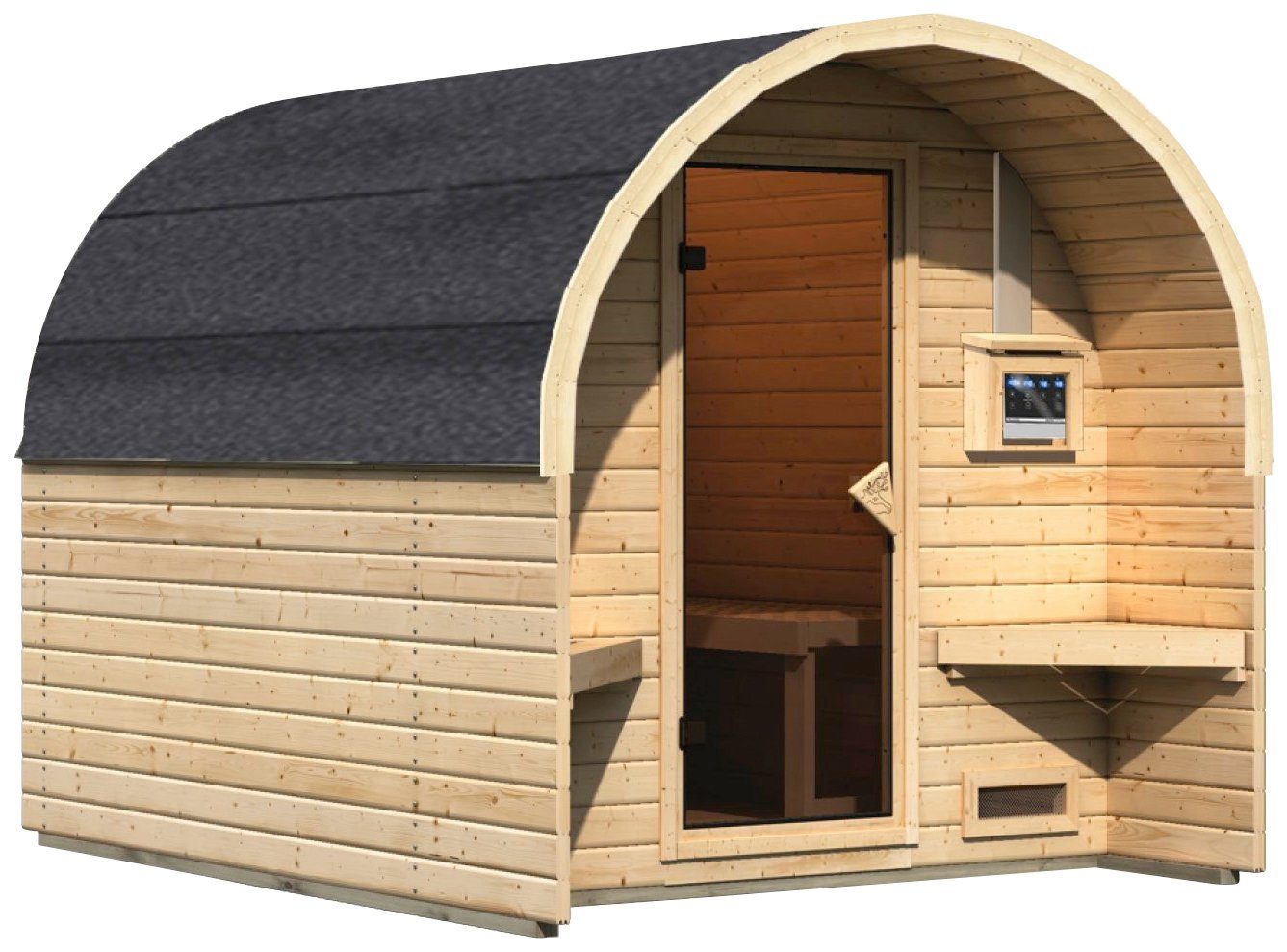 Thumbnail - Karibu Fasssauna Fasshaus 2, BxTxH: 219 x 295 x 229 cm, 40 mm, (Set, 2-St) 9-kW-Bio-Ofen mit externer Steuerung