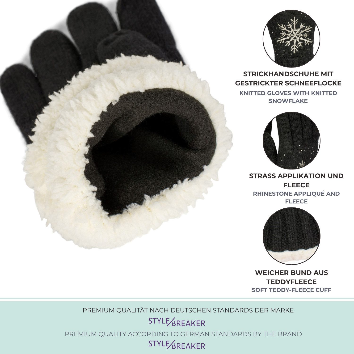 styleBREAKER Strickhandschuhe Strickhandschuhe mit Schneeflocke, Strass und Fleece (1-St)