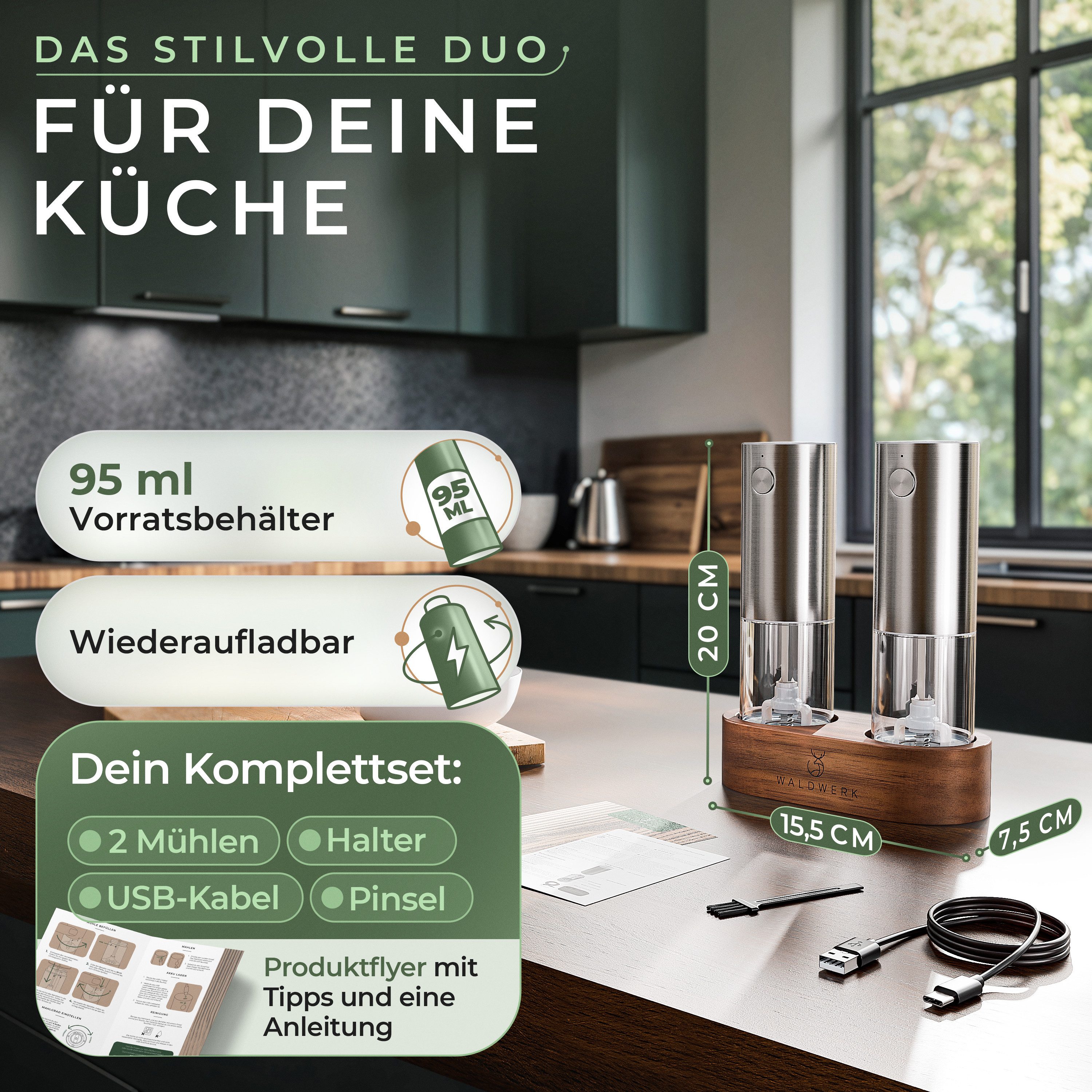 Waldwerk Salz-/Pfeffermühle Elektrische Salz- und Pfeffermühle (300 mAh Akku) mit Akazie-Halterung Akku, (2 Stück), Elektrische Mühle für Salz und Pfeffer