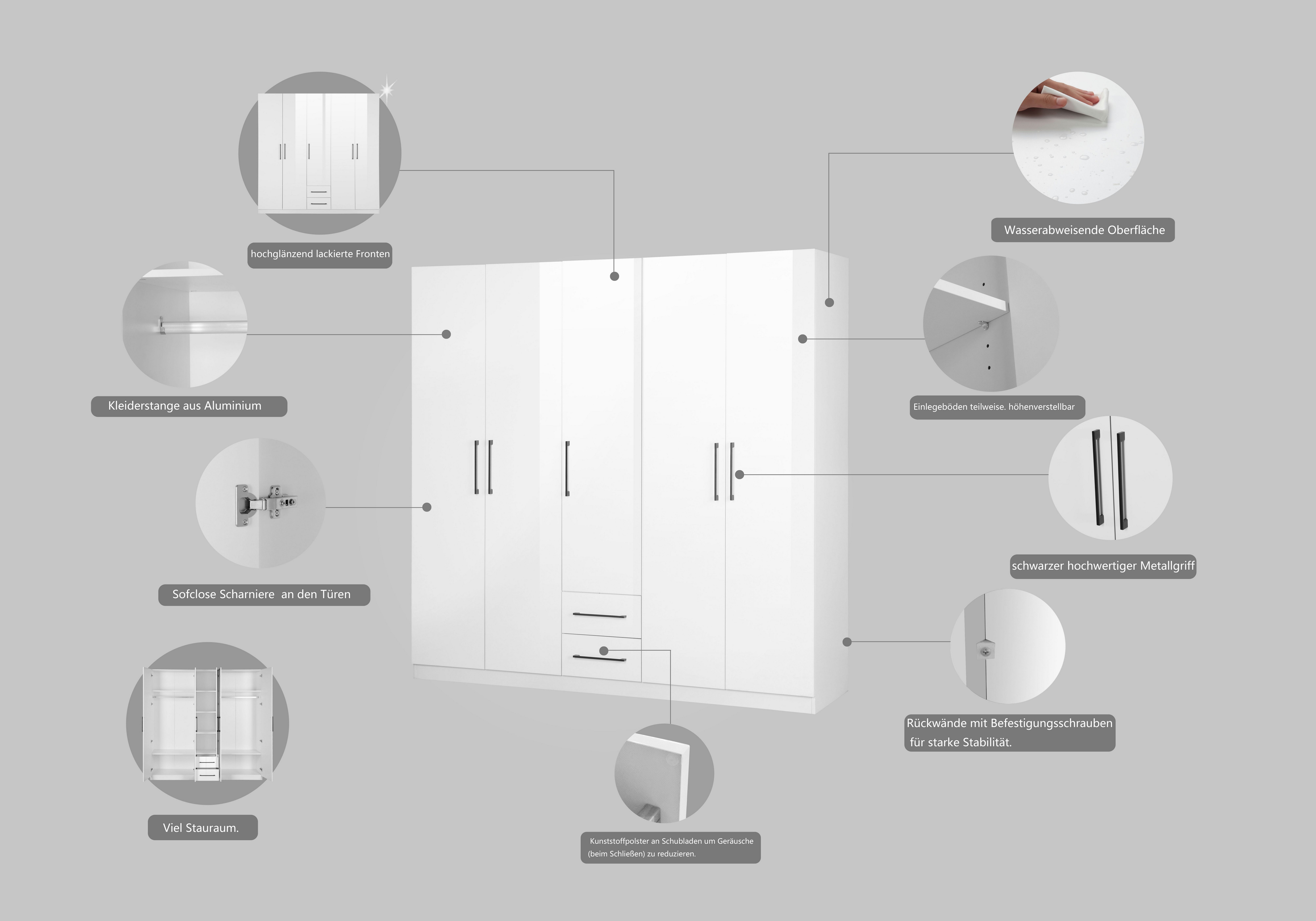 OTTO home Kleiderschrank Sylt Schlafzimmerschrank Garderobe Schrank in hochglanz weiß (5 Türen, 2 Schubladen, schwarze moderne Griffe, 7 Einlegeböden) Drehtürenschrank mit perfekter Innenausstattung, Breite 200cm