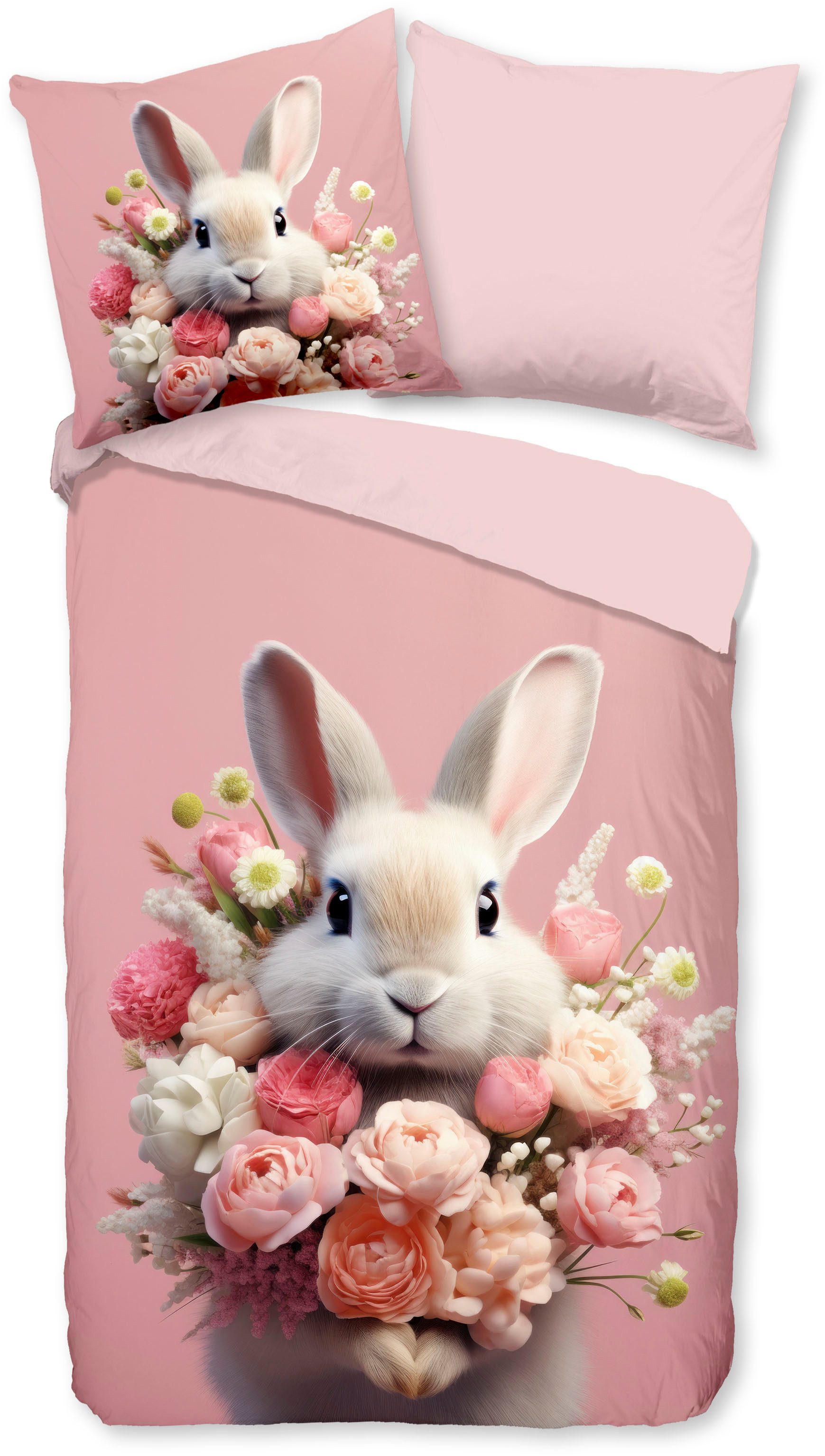 PURE luxury collection Kinderbettwäsche Cathy, Microfaser, 2 teilig, Mikrofaser, 135x200, 2 Teilig, Wendeoptik, Kind, Mädchen, Kaninchen