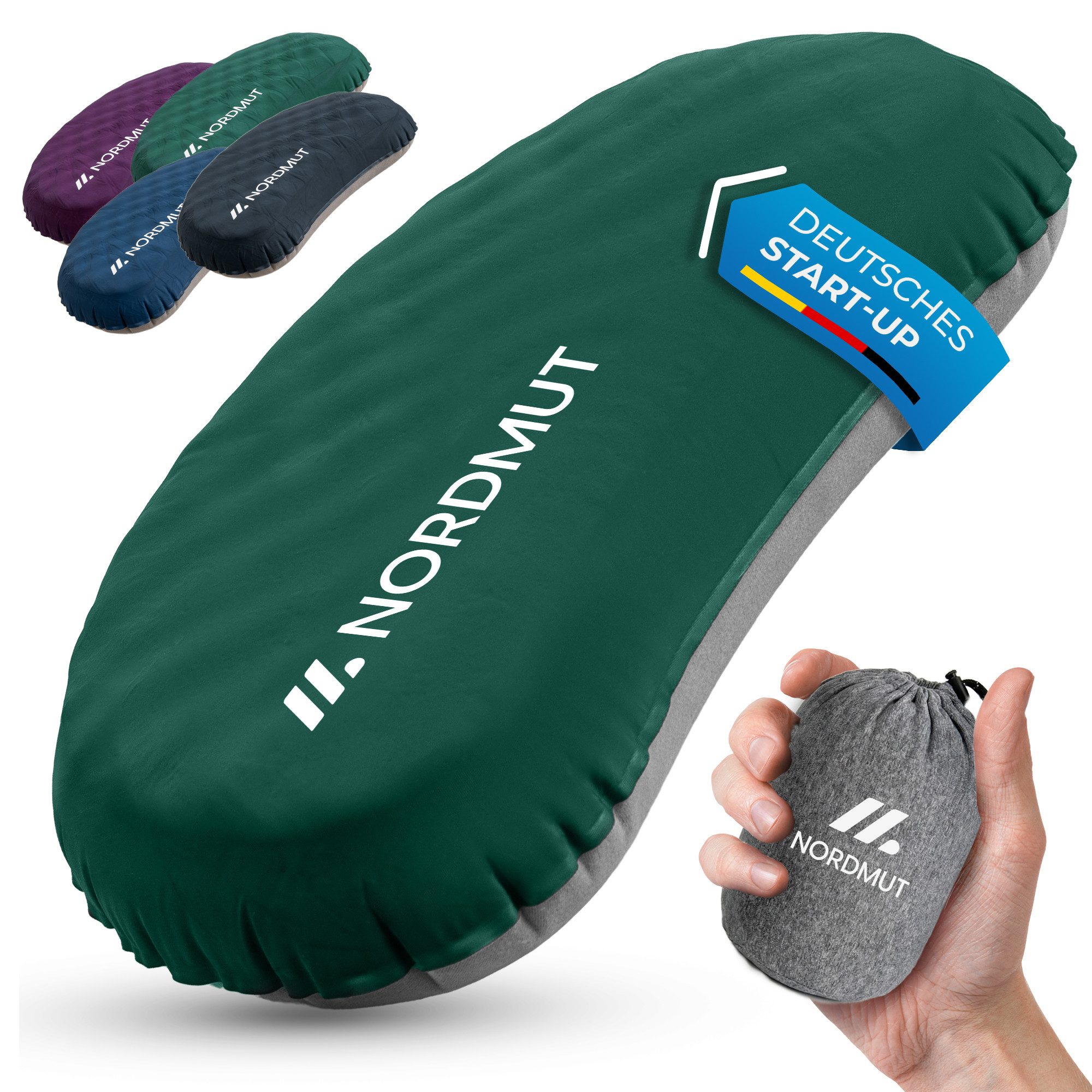 Nordmut Reisekissen aufblasbar & ergonomisch für Camping & Outdoor, kompakt & ultraleicht, Spar-Set, 1-tlg., Nordmut Rago + Kompressionsbeutel, Trekking, Schlafkissen für Nacht, waschbarer Bezug, Kompressionsbeutel