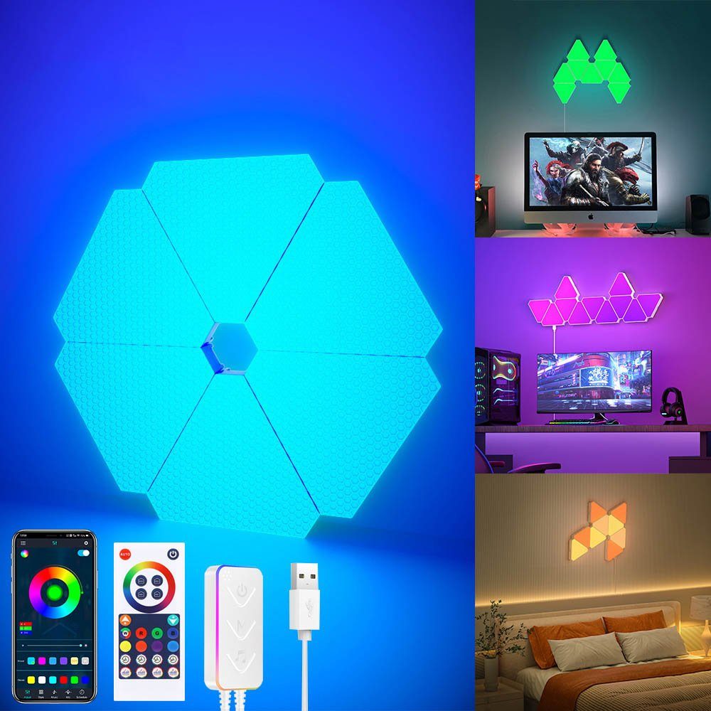 MUPOO LED Nachtlicht LED Wandleuchte Smart LED Panel Triangles RGB Sync Musik 3/6/10 St., 6 Stück, LED Dekolicht Leuchtfiguren Dimmfunktion, für Schlafzimmer Spielzimmer, RGB, App & Fernbedienung, Wohnzimmer Deko