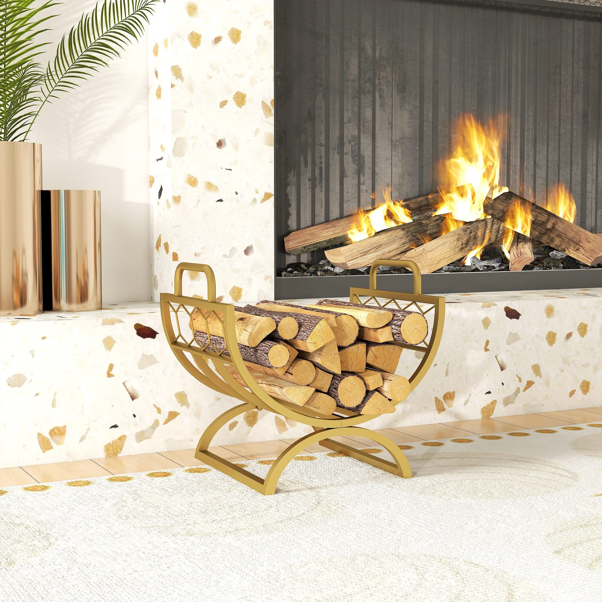 Outsunny Kaminholzregal goldfarbenes Wabendesign, BxTxH:46x36x41 cm, (Holzl günstig online kaufen