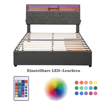 Welikera Bett 140x200cm Doppelbett Stauraum-Kopfteil Funktionsbett mit 2 Schubladen,USB-Ladeport,LED-Licht,Polsterbett,Verstellbares Kopfteil,Grau/Beige