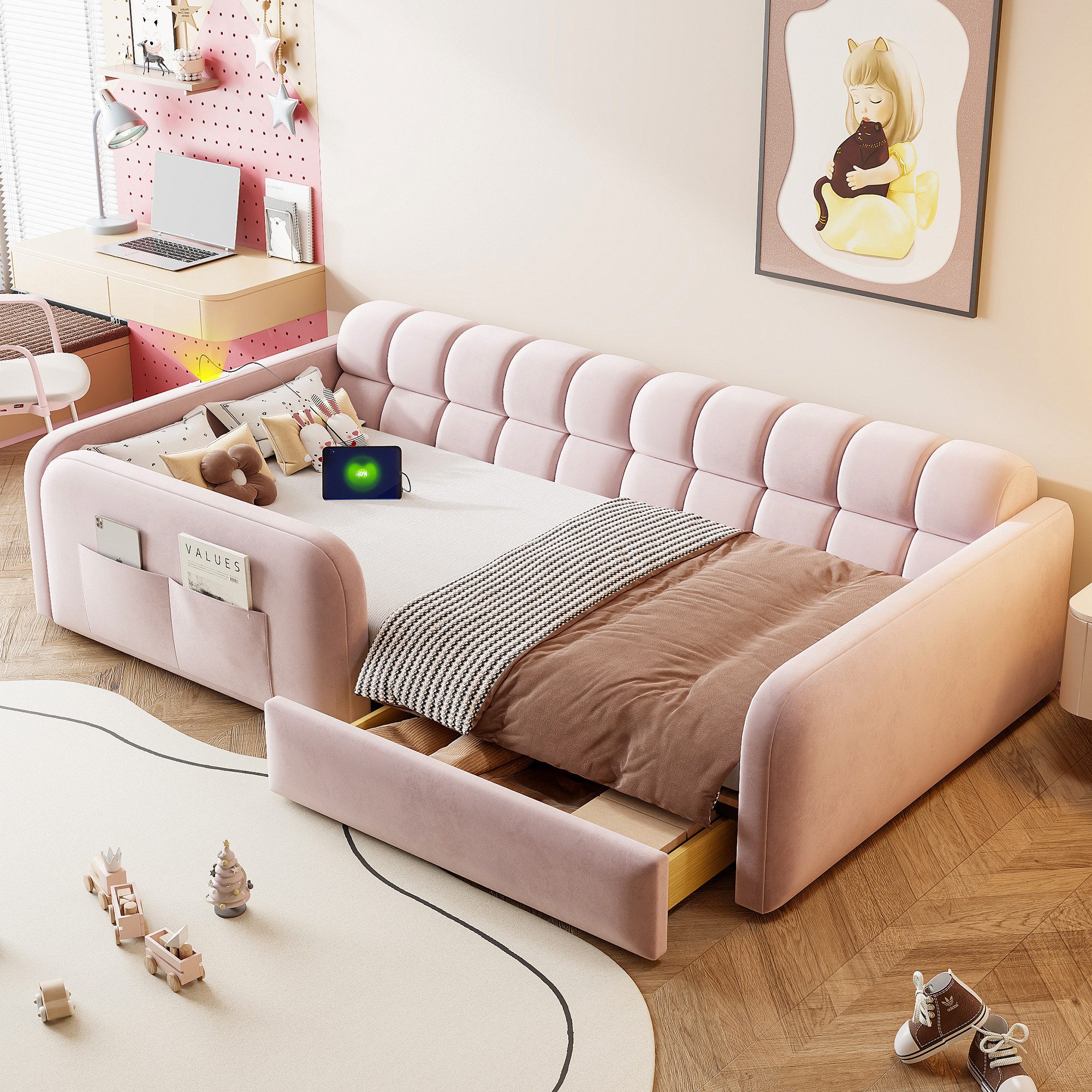Merax Polsterbett mit USB/USB-C Ladeanschluss, Jugendbett, Samtbezug (Tagesbett Sofabett, 1-tlg), Kinderbett 90x200cm mit Schublade Nachtlicht Sicherheitsgeländer