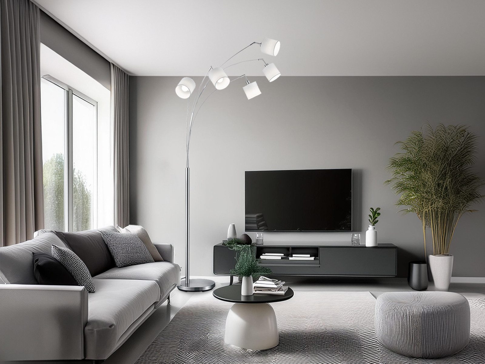 Reality Leuchten LED Stehlampe 5-flammig mit Stoffschirmen, Höhe 200cm, dimmbar, LED wechselbar, Warmweiß, große Stehleuchte gebogen inkl. E14 LEDs, Wohnzimmer  – Bild 5 von 5