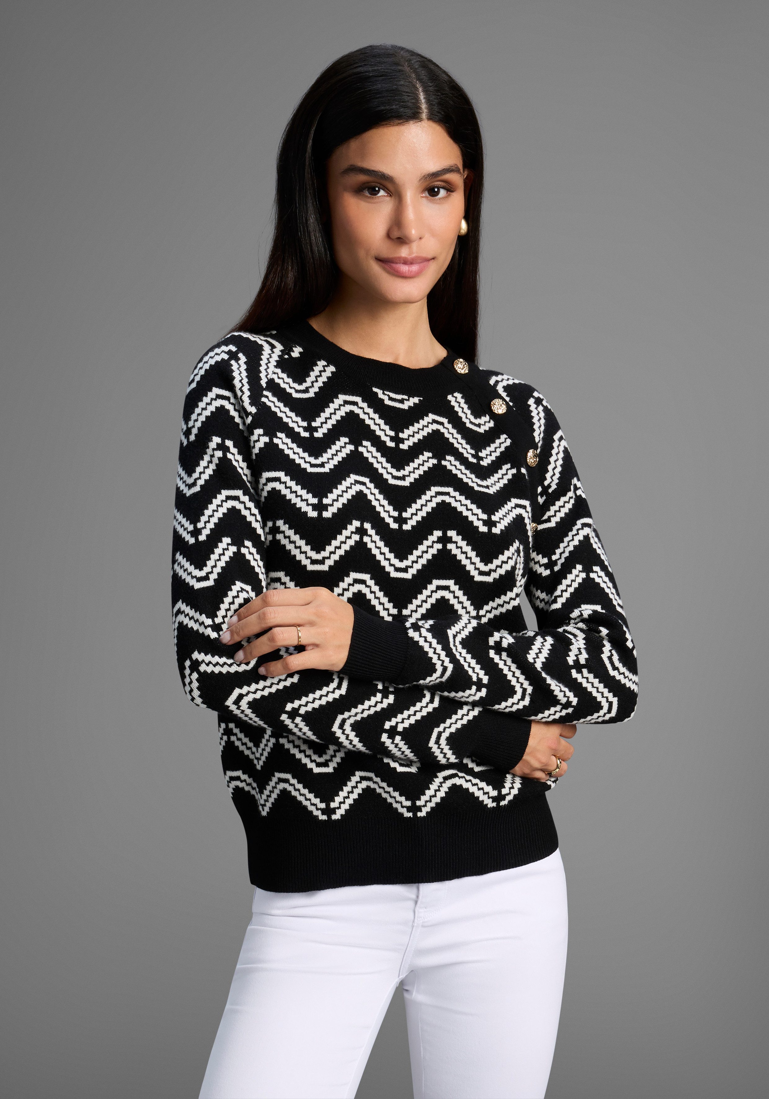 Laura Scott Rundhalspullover kuscheliger Strick mit Jaquardmuster und Knöpf günstig online kaufen