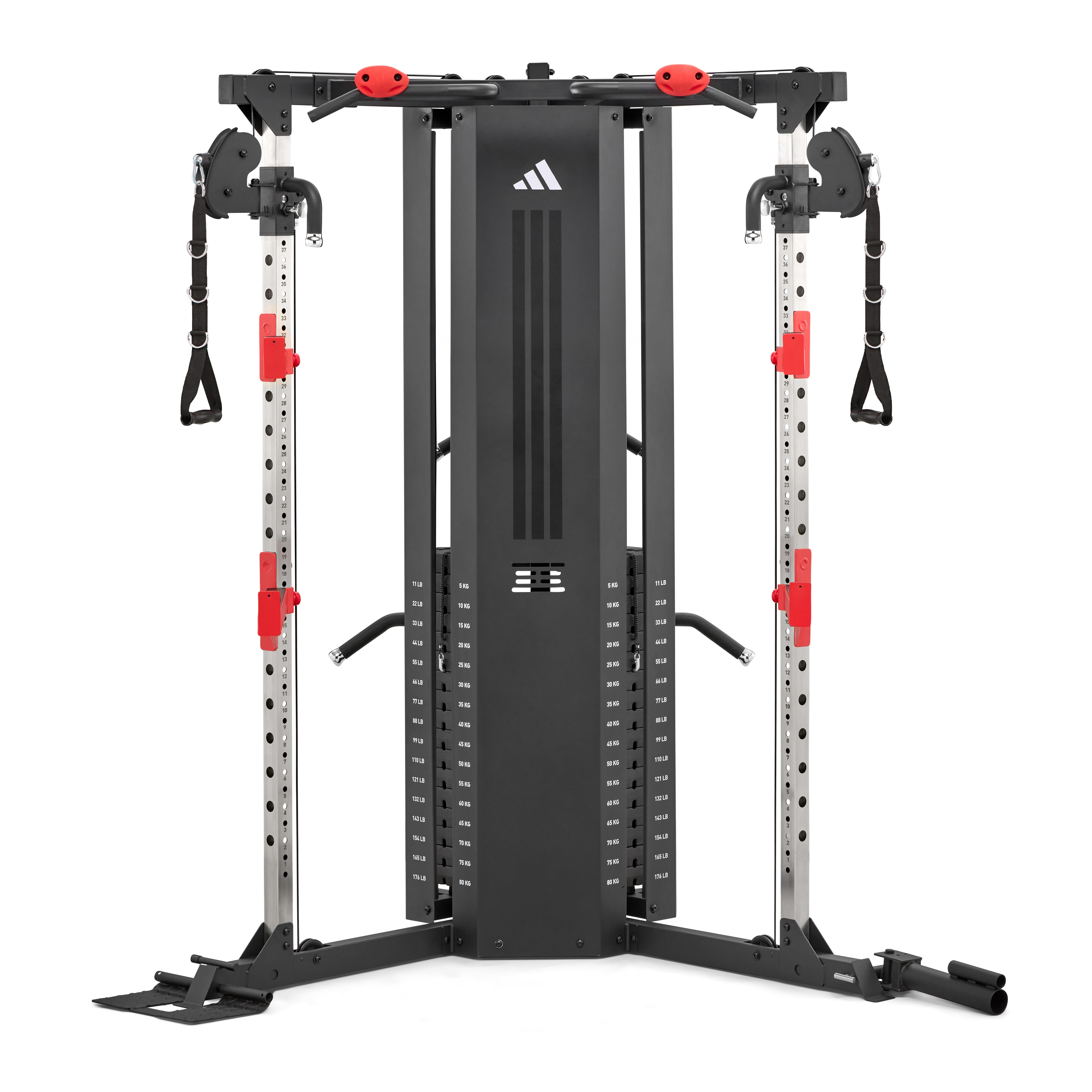 adidas Performance Trainingsstation adidas Cable Crossover - Kabelzugstation mit Rack, 2 Gewichtsblöcke, 2×80 kg Kabelzug, Rack, 40-fach verstellbar & Landmineen)