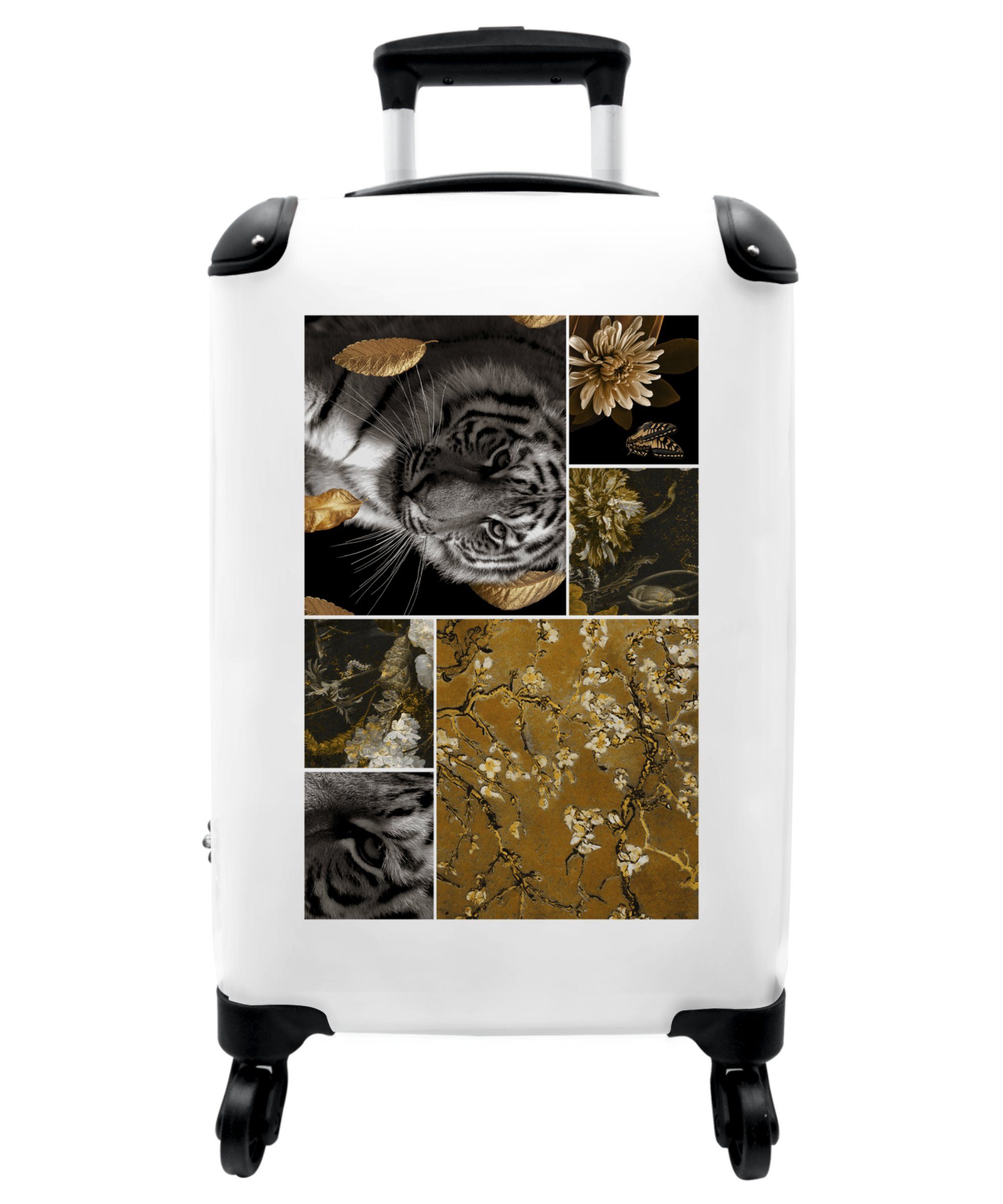 NoBoringSuitcases.com© Handgepäckkoffer 55x35x20cm Tiger - Mandelblüte - Gold - Collage - Blumen, 4 Rollen, Handgepäck Trolley Rollkoffer Kleine Reisekoffer mit 4 Rollen - Cabin