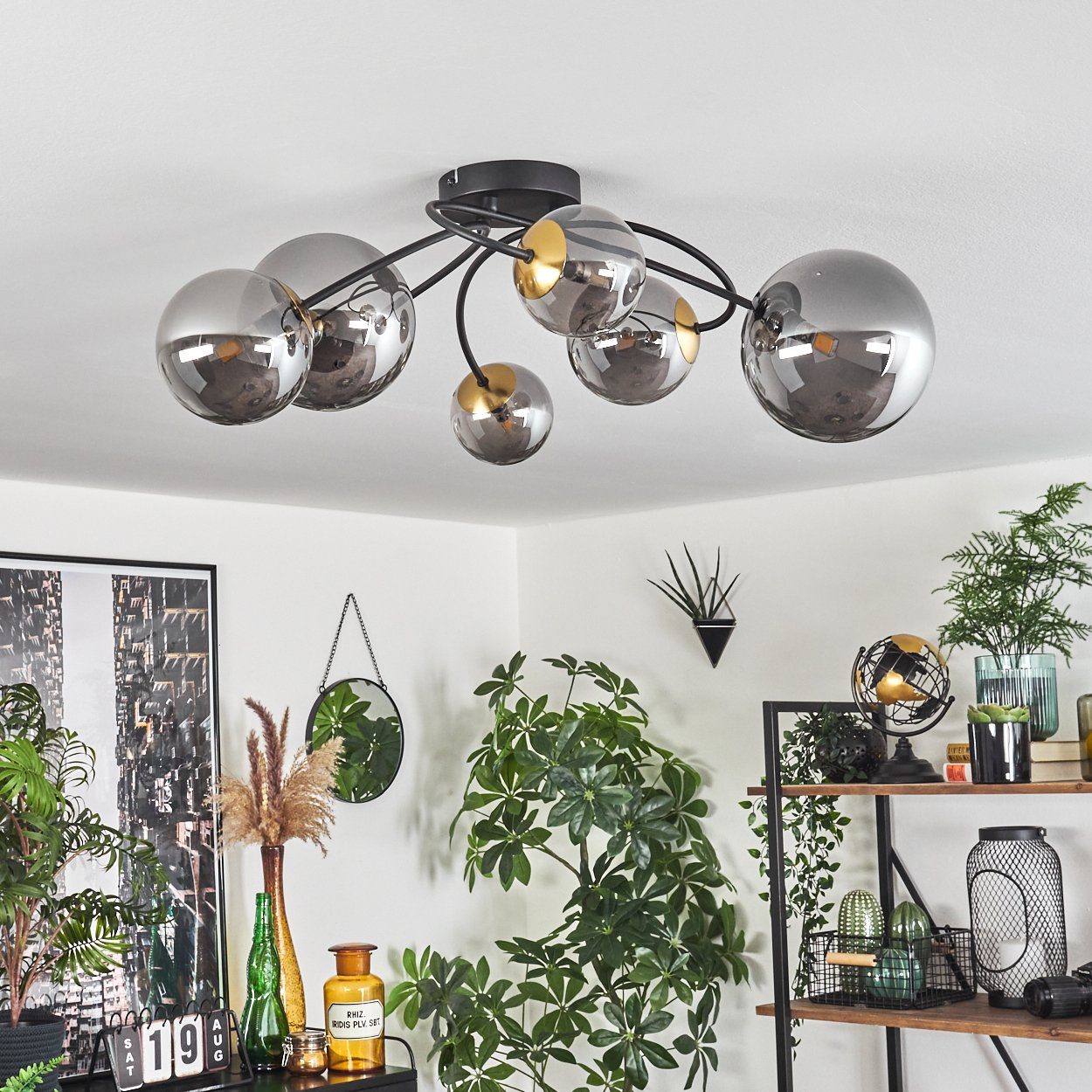 hofstein Deckenleuchte Deckenlampe aus Metall/Glas in Schwarz/Goldfarben/Rauchfarben, ohne Leuchtmittel, Leuchte im Retro-Design aus Glas, 6 x G9 LED, ohne Leuchtmittel
