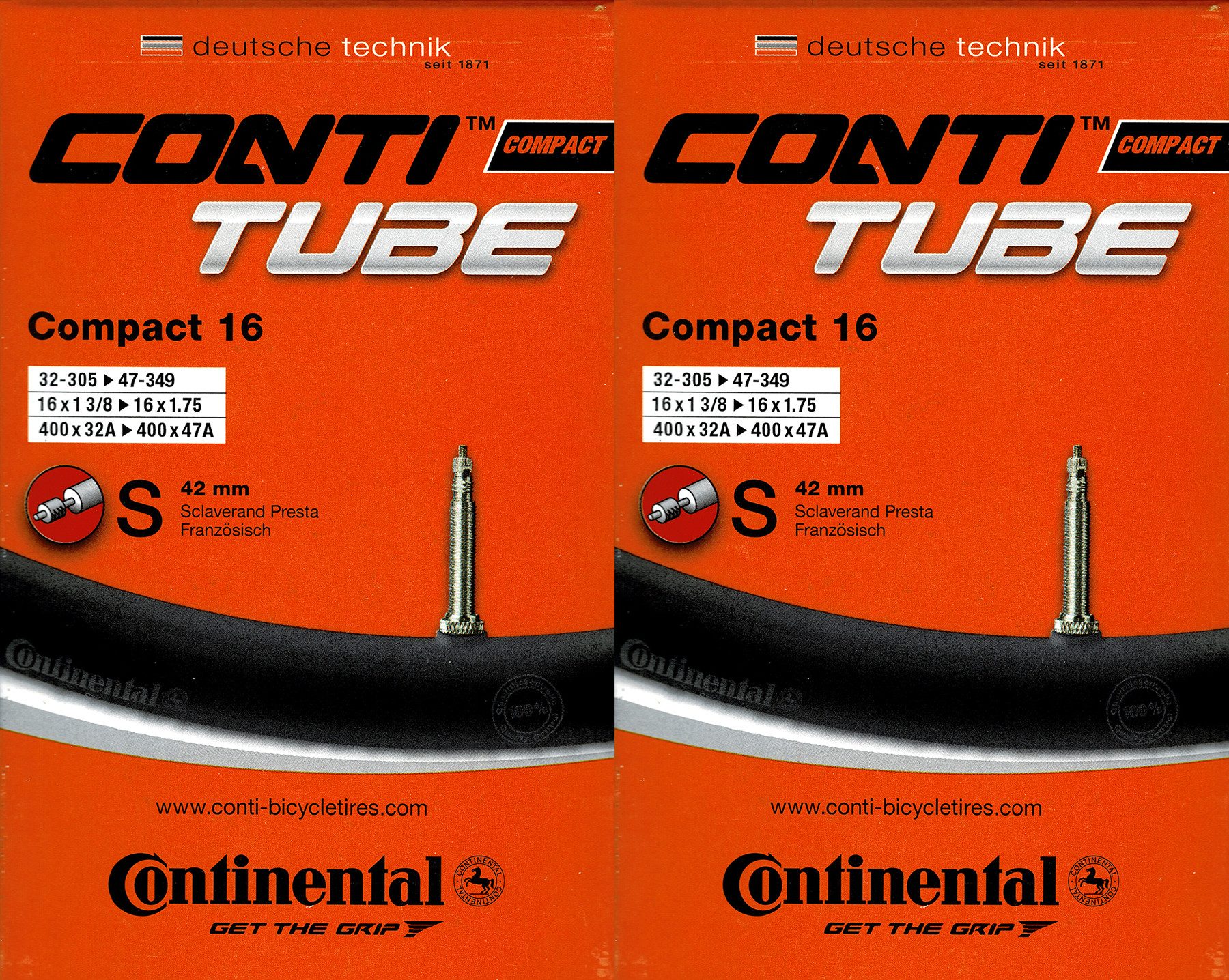 CONTINENTAL Fahrradschlauch 2x Continental Compact 16 Schlauch 16 Zoll SV (32/47-305/349) SV 42mm, 1,50, 1 1/2, 1 5/8, 1,95, 2,00, 1 3/8, 1 1/8, 2,10, 1 1/4, 1,25, 1,20, 1,35, 1,90, (2-St)