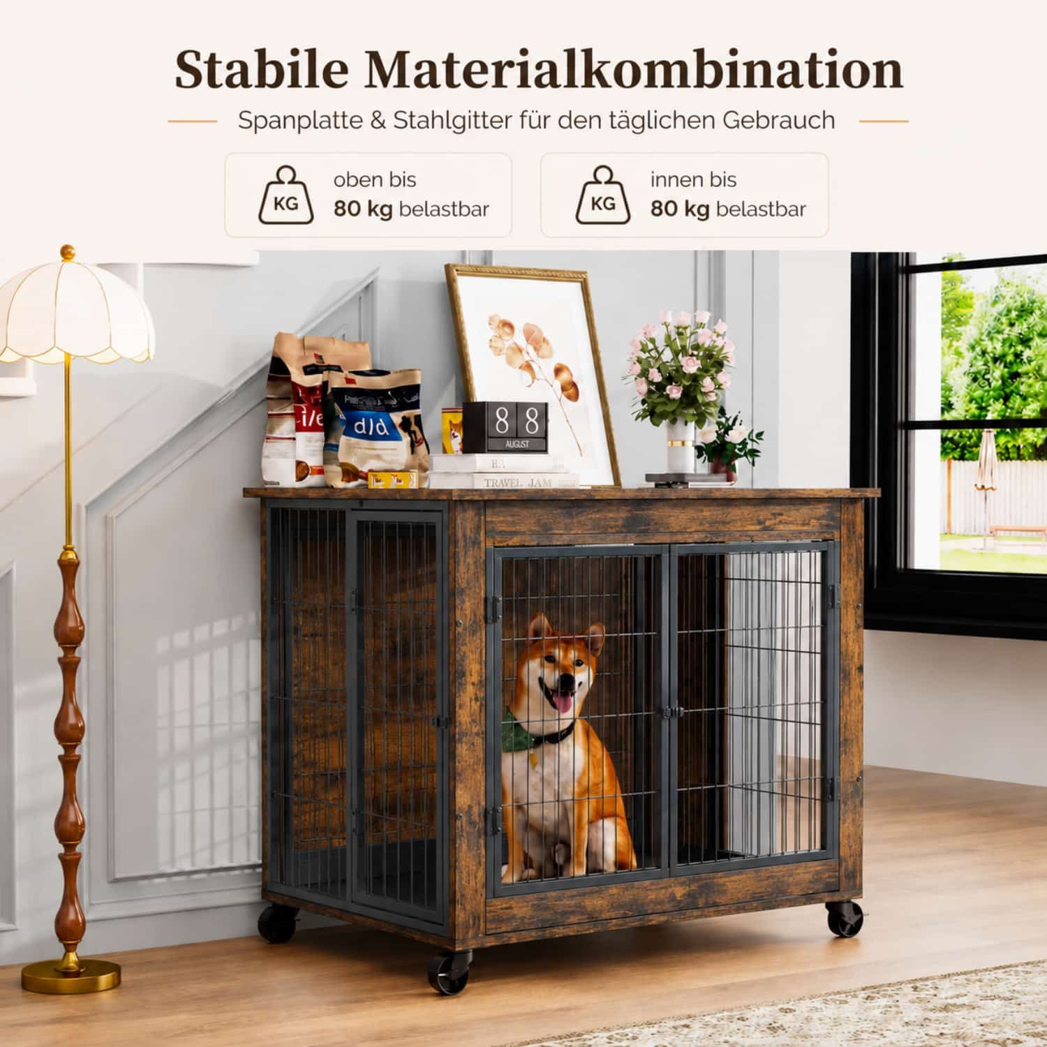 ANYSUN Hundehütte Möbel Hundebox, Hundehütte Innenbereich mit Doppeltür & Rollen, 80 × 56 × 69,5 cm, Klappdach, Stahlgitter & 80 kg belastbar