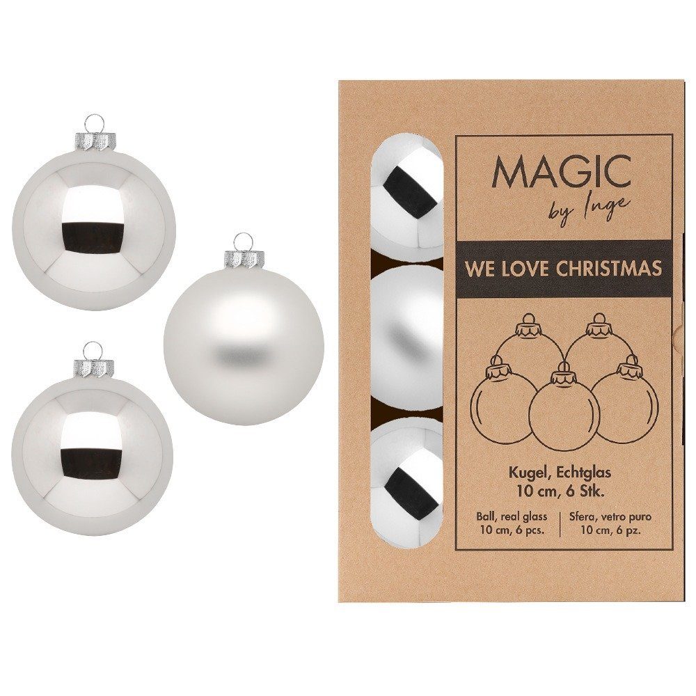 MAGIC by Inge Weihnachtsbaumkugel, Weihnachtskugeln Glas 10cm 6 Stück - Frosty Silver