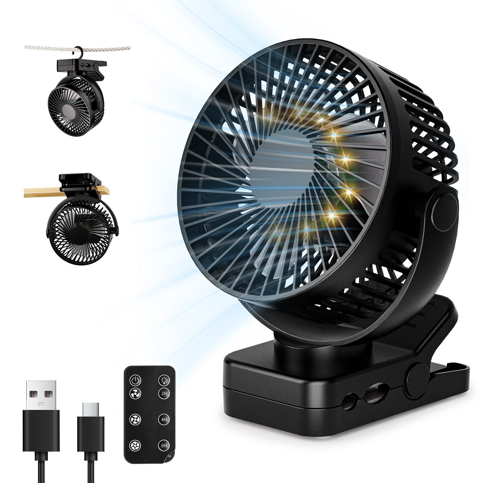 skelo Tischventilator USB Tischventilator Leise mit 8000mAh Akku, Clip Camping Ventilator, Mit Fernbedienung, Licht & Timer (2/4/6h), 360° drehbar, 3 Windstufen