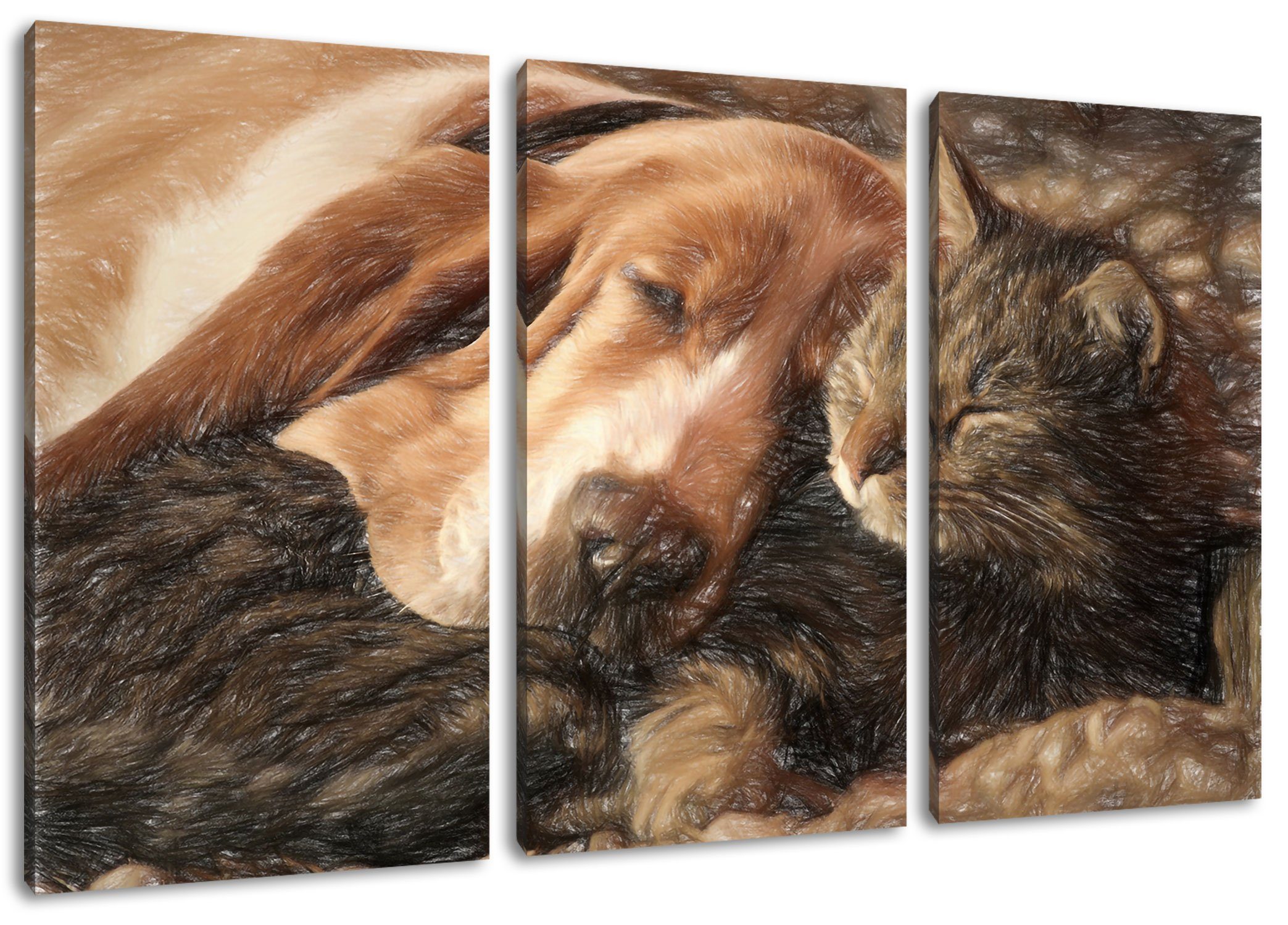 Pixxprint Leinwandbild Katze kuschelnd und Katze 3Teiler (1 Zackenaufhänger inkl. Leinwandbild Hund fertig (120x80cm) kuschelnd, und St), Hund bespannt